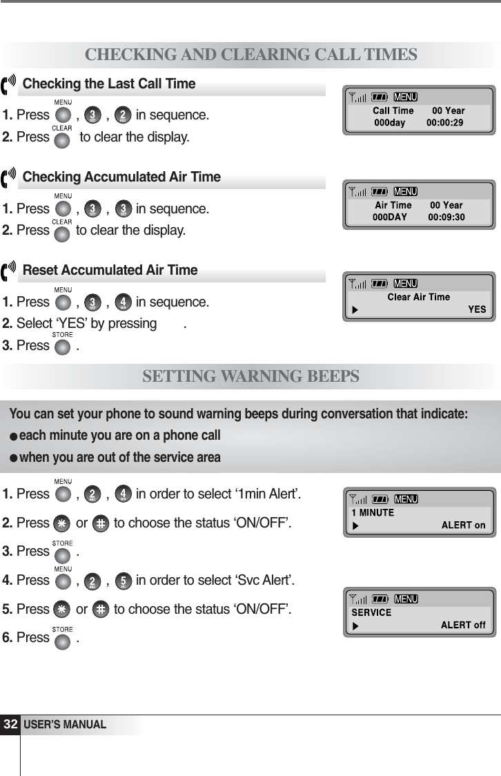 32USER&rsquo;S MANUALCHECKING AND CLEARING CALL TIMESChecking the Last Call Time1. Press       ,       ,       in sequence. 2. Press        to clear the display.Checking Accumulated Air Time1. Press       ,       ,       in sequence. 2. Press       to clear the display.Reset Accumulated Air Time1. Press       ,       ,       in sequence. 2. Select &lsquo;YES&rsquo; by pressing       .3. Press       .SETTING WARNING BEEPSYou can set your phone to sound warning beeps during conversation that indicate: each minute you are on a phone callwhen you are out of the service area1. Press       ,       ,       in order to select &lsquo;1min Alert&rsquo;. 2. Press       or       to choose the status &lsquo;ON/OFF&rsquo;.3. Press       .4. Press       ,       ,       in order to select &lsquo;Svc Alert&rsquo;. 5. Press       or       to choose the status &lsquo;ON/OFF&rsquo;.6. Press       .&bull;&bull;