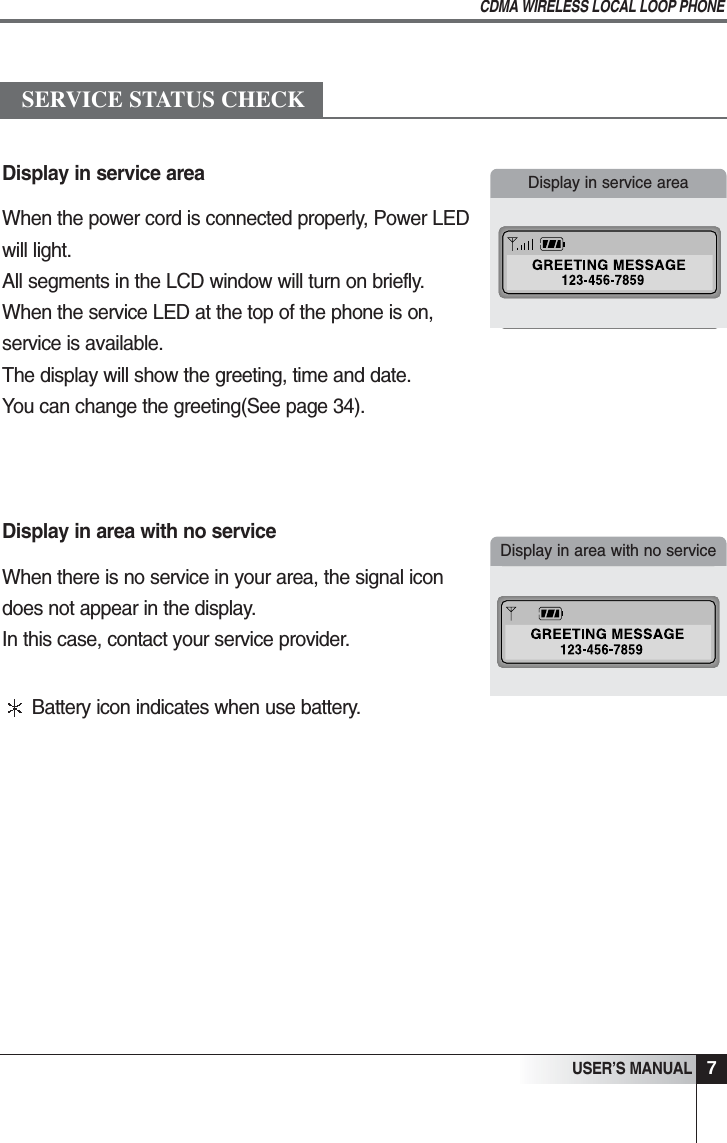 Display in service areaWhen the power cord is connected properly, Power LEDwill light. All segments in the LCD window will turn on briefly.When the service LED at the top of the phone is on, service is available. The display will show the greeting, time and date.You can change the greeting(See page 34). Display in area with no serviceWhen there is no service in your area, the signal icon does not appear in the display. In this case, contact your service provider.7USER&rsquo;S MANUALCDMA WIRELESS LOCAL LOOP PHONESERVICE STATUS CHECKDisplay in service areaDisplay in area with no serviceBattery icon indicates when use battery.