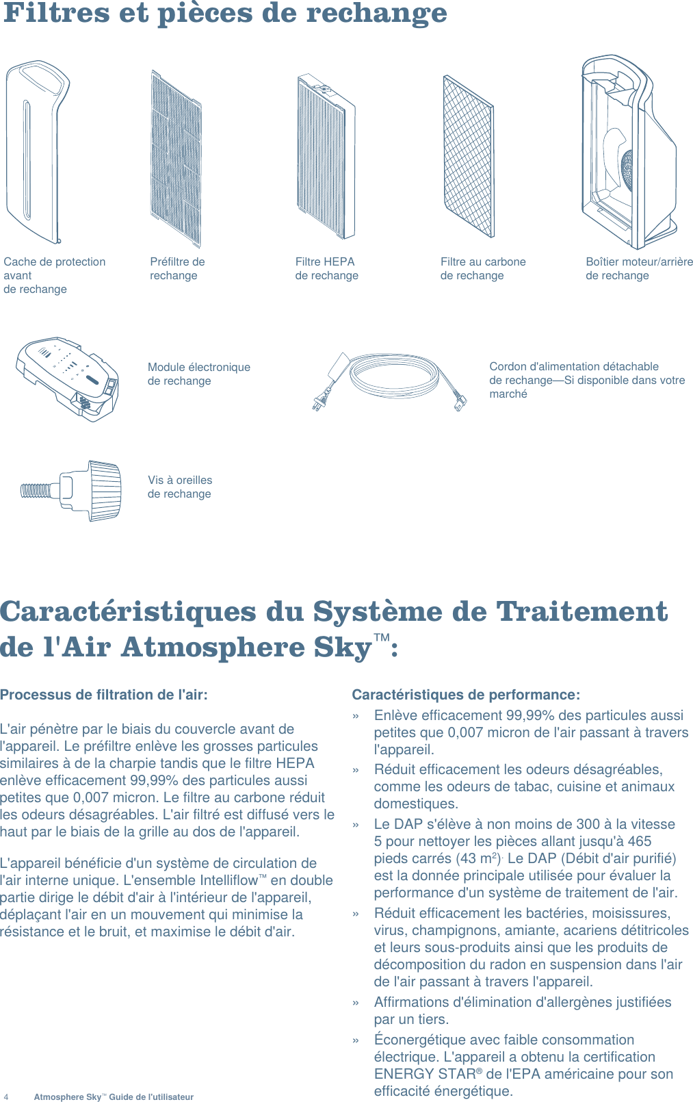 4Atmosphere Sky™ Guide de l&apos;utilisateurFiltres et pièces de rechangeCaractéristiques du Système de Traitement de l&apos;Air Atmosphere Sky™:Processus de filtration de l&apos;air: L&apos;air pénètre par le biais du couvercle avant de l&apos;appareil. Le préfiltre enlève les grosses particules similaires à de la charpie tandis que le filtre HEPA enlève efficacement 99,99% des particules aussi petites que 0,007 micron. Le filtre au carbone réduit les odeurs désagréables. L&apos;air filtré est diffusé vers le haut par le biais de la grille au dos de l&apos;appareil.L&apos;appareil bénéficie d&apos;un système de circulation de l&apos;air interne unique. L&apos;ensemble Intelliflow™ en double partie dirige le débit d&apos;air à l&apos;intérieur de l&apos;appareil, déplaçant l&apos;air en un mouvement qui minimise la résistance et le bruit, et maximise le débit d&apos;air. Caractéristiques de performance: »  Enlève efficacement 99,99% des particules aussi petites que 0,007 micron de l&apos;air passant à travers l&apos;appareil. »  Réduit efficacement les odeurs désagréables, comme les odeurs de tabac, cuisine et animaux domestiques. »  Le DAP s&apos;élève à non moins de 300 à la vitesse 5 pour nettoyer les pièces allant jusqu&apos;à 465 pieds carrés (43 m2). Le DAP (Débit d&apos;air purifié) est la donnée principale utilisée pour évaluer la performance d&apos;un système de traitement de l&apos;air. »  Réduit efficacement les bactéries, moisissures, virus, champignons, amiante, acariens détitricoles et leurs sous-produits ainsi que les produits de décomposition du radon en suspension dans l&apos;air de l&apos;air passant à travers l&apos;appareil. »  Affirmations d&apos;élimination d&apos;allergènes justifiées par un tiers. »  Éconergétique avec faible consommation électrique. L&apos;appareil a obtenu la certification ENERGY STAR® de l&apos;EPA américaine pour son efficacité énergétique.Filtre HEPA de rechangeFiltre au carbone de rechangePréfiltre de  rechangeBoîtier moteur/arrière de rechange Cache de protection avantde rechange Module électronique de rechange Cordon d&apos;alimentation détachablede rechange—Si disponible dans votre marchéVis à oreilles  de rechange 
