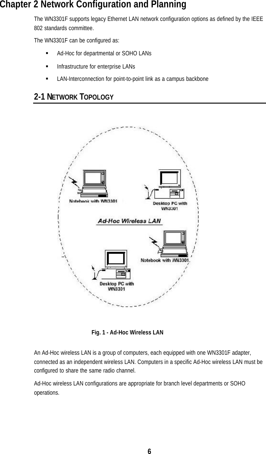 6Chapter 2 Network Configuration and PlanningThe WN3301F supports legacy Ethernet LAN network configuration options as defined by the IEEE802 standards committee.The WN3301F can be configured as:§ Ad-Hoc for departmental or SOHO LANs§ Infrastructure for enterprise LANs§ LAN-Interconnection for point-to-point link as a campus backbone2-1 NETWORK TOPOLOGYFig. 1 - Ad-Hoc Wireless LANAn Ad-Hoc wireless LAN is a group of computers, each equipped with one WN3301F adapter,connected as an independent wireless LAN. Computers in a specific Ad-Hoc wireless LAN must beconfigured to share the same radio channel.Ad-Hoc wireless LAN configurations are appropriate for branch level departments or SOHOoperations.