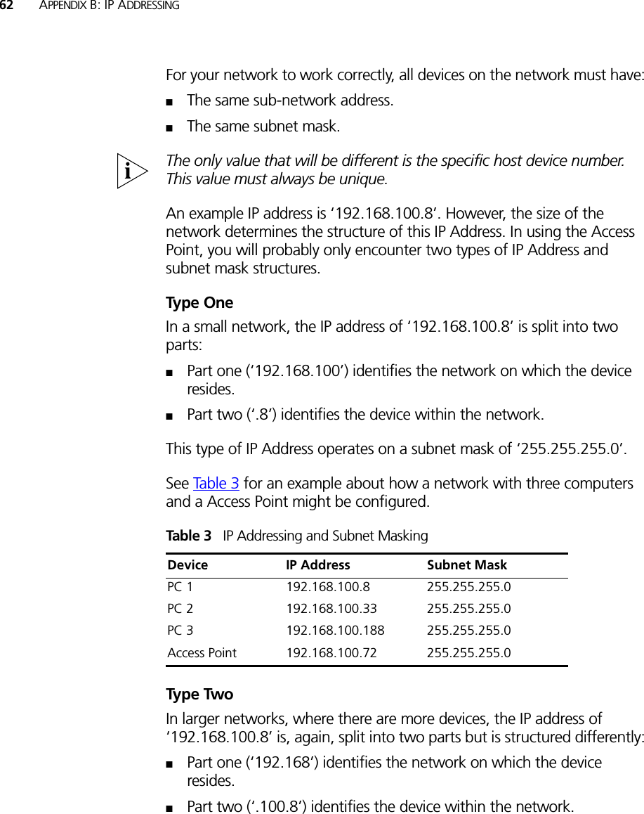 62 APPENDIX B: IP ADDRESSINGFor your network to work correctly, all devices on the network must have:■The same sub-network address.■The same subnet mask.The only value that will be different is the specific host device number. This value must always be unique.An example IP address is ‘192.168.100.8’. However, the size of the network determines the structure of this IP Address. In using the Access Point, you will probably only encounter two types of IP Address and subnet mask structures.Type OneIn a small network, the IP address of ‘192.168.100.8’ is split into two parts:■Part one (‘192.168.100’) identifies the network on which the device resides.■Part two (‘.8’) identifies the device within the network.This type of IP Address operates on a subnet mask of ‘255.255.255.0’.See Ta ble 3 for an example about how a network with three computers and a Access Point might be configured.Table 3   IP Addressing and Subnet MaskingType TwoIn larger networks, where there are more devices, the IP address of ‘192.168.100.8’ is, again, split into two parts but is structured differently:■Part one (‘192.168’) identifies the network on which the device resides.■Part two (‘.100.8’) identifies the device within the network.Device IP Address Subnet MaskPC 1 192.168.100.8 255.255.255.0PC 2 192.168.100.33 255.255.255.0PC 3 192.168.100.188 255.255.255.0Access Point 192.168.100.72 255.255.255.0