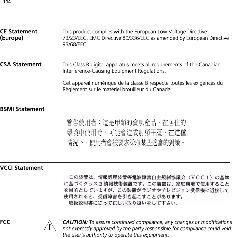 114CE Statement (Europe) This product complies with the European Low Voltage Directive 73/23/EEC, EMC Directive 89/336/EEC as amended by European Directive 93/68/EEC.CSA Statement This Class B digital apparatus meets all requirements of the Canadian Interference-Causing Equipment Regulations.Cet appareil numérique de la classe B respecte toutes les exigences du Règlement sur le matériel brouilleur du Canada.BSMI StatementVCCI StatementFCC CAUTION: To assure continued compliance, any changes or modificationsnot expressly approved by the party responsible for compliance could void the user’s authority to operate this equipment.