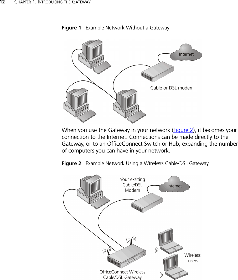 12 CHAPTER 1: INTRODUCING THE GATEWAYFigure 1   Example Network Without a GatewayWhen you use the Gateway in your network (Figure 2), it becomes your connection to the Internet. Connections can be made directly to the Gateway, or to an OfficeConnect Switch or Hub, expanding the number of computers you can have in your network.Figure 2   Example Network Using a Wireless Cable/DSL Gateway