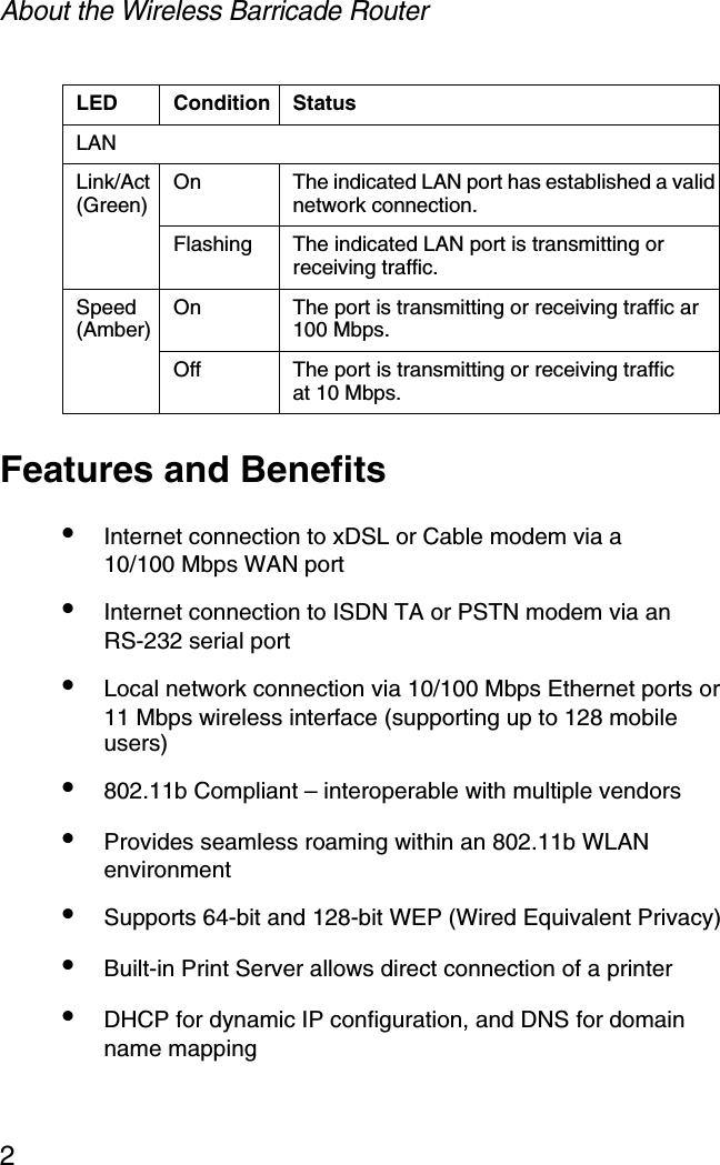 About the Wireless Barricade Router2Features and Benefits•Internet connection to xDSL or Cable modem via a 10/100 Mbps WAN port•Internet connection to ISDN TA or PSTN modem via an RS-232 serial port•Local network connection via 10/100 Mbps Ethernet ports or 11 Mbps wireless interface (supporting up to 128 mobile users)•802.11b Compliant – interoperable with multiple vendors•Provides seamless roaming within an 802.11b WLAN environment•Supports 64-bit and 128-bit WEP (Wired Equivalent Privacy)•Built-in Print Server allows direct connection of a printer•DHCP for dynamic IP configuration, and DNS for domain name mappingLANLink/Act(Green) On  The indicated LAN port has established a valid network connection.Flashing The indicated LAN port is transmitting or receiving traffic.Speed(Amber) On  The port is transmitting or receiving traffic ar 100 Mbps.Off The port is transmitting or receiving traffic at 10 Mbps.LED Condition Status