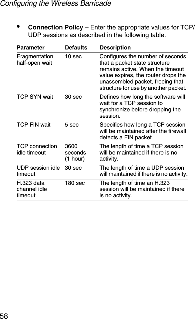 Configuring the Wireless Barricade58•Connection Policy – Enter the appropriate values for TCP/UDP sessions as described in the following table.Parameter Defaults DescriptionFragmentation half-open wait 10 sec Configures the number of seconds that a packet state structure remains active. When the timeout value expires, the router drops the unassembled packet, freeing that structure for use by another packet. TCP SYN wait 30 sec Defines how long the software will wait for a TCP session to synchronize before dropping the session. TCP FIN wait 5 sec Specifies how long a TCP session will be maintained after the firewall detects a FIN packet. TCP connection idle timeout 3600 seconds (1 hour)The length of time a TCP session will be maintained if there is no activity. UDP session idle timeout 30 sec The length of time a UDP session will maintained if there is no activity.H.323 data channel idle timeout180 sec The length of time an H.323 session will be maintained if there is no activity.