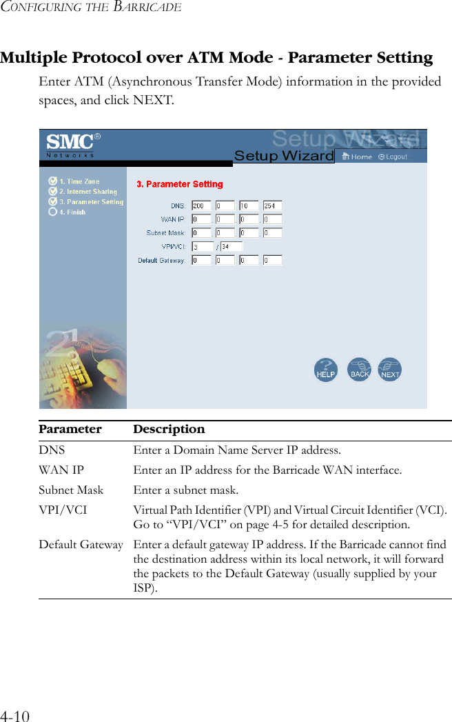 CONFIGURING THE BARRICADE4-10Multiple Protocol over ATM Mode - Parameter SettingEnter ATM (Asynchronous Transfer Mode) information in the provided spaces, and click NEXT.    Parameter DescriptionDNS Enter a Domain Name Server IP address.WAN IP Enter an IP address for the Barricade WAN interface.Subnet Mask Enter a subnet mask.VPI/VCI Virtual Path Identifier (VPI) and Virtual Circuit Identifier (VCI). Go to “VPI/VCI” on page 4-5 for detailed description. Default Gateway Enter a default gateway IP address. If the Barricade cannot find the destination address within its local network, it will forward the packets to the Default Gateway (usually supplied by your ISP).