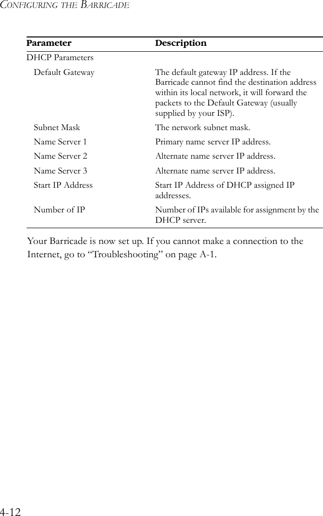 CONFIGURING THE BARRICADE4-12Your Barricade is now set up. If you cannot make a connection to the Internet, go to “Troubleshooting” on page A-1. DHCP ParametersDefault Gateway The default gateway IP address. If the Barricade cannot find the destination address within its local network, it will forward the packets to the Default Gateway (usually supplied by your ISP).Subnet Mask The network subnet mask.Name Server 1 Primary name server IP address.Name Server 2 Alternate name server IP address.Name Server 3 Alternate name server IP address.Start IP Address Start IP Address of DHCP assigned IP addresses.Number of IP Number of IPs available for assignment by the DHCP server.Parameter Description
