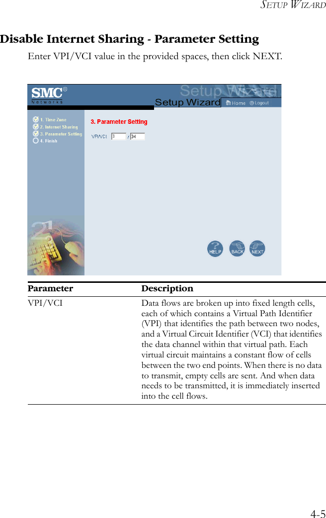 SETUP WIZARD4-5Disable Internet Sharing - Parameter SettingEnter VPI/VCI value in the provided spaces, then click NEXT. Parameter DescriptionVPI/VCI Data flows are broken up into fixed length cells, each of which contains a Virtual Path Identifier (VPI) that identifies the path between two nodes, and a Virtual Circuit Identifier (VCI) that identifies the data channel within that virtual path. Each virtual circuit maintains a constant flow of cells between the two end points. When there is no data to transmit, empty cells are sent. And when data needs to be transmitted, it is immediately inserted into the cell flows.