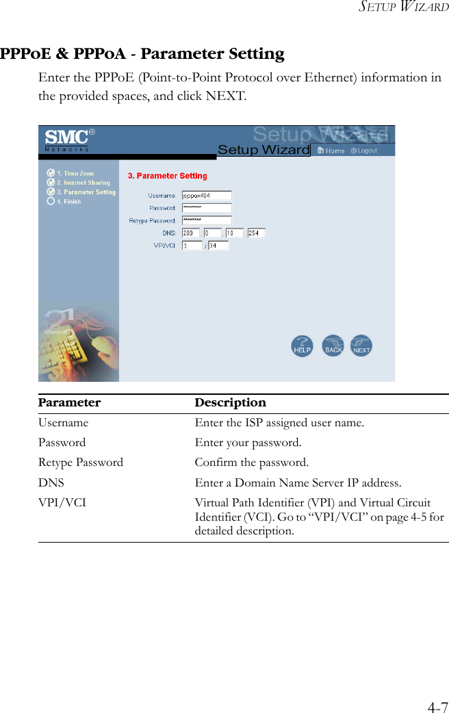 SETUP WIZARD4-7PPPoE &amp; PPPoA - Parameter SettingEnter the PPPoE (Point-to-Point Protocol over Ethernet) information in the provided spaces, and click NEXT. Parameter DescriptionUsername Enter the ISP assigned user name.Password Enter your password.Retype Password Confirm the password.DNS Enter a Domain Name Server IP address.VPI/VCI Virtual Path Identifier (VPI) and Virtual Circuit Identifier (VCI). Go to “VPI/VCI” on page 4-5 for detailed description. 