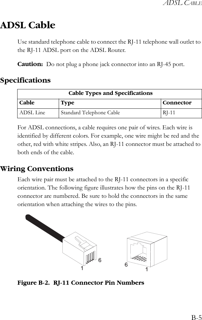 ADSL CABLEB-5ADSL CableUse standard telephone cable to connect the RJ-11 telephone wall outlet to the RJ-11 ADSL port on the ADSL Router.Caution: Do not plug a phone jack connector into an RJ-45 port.SpecificationsFor ADSL connections, a cable requires one pair of wires. Each wire is identified by different colors. For example, one wire might be red and the other, red with white stripes. Also, an RJ-11 connector must be attached to both ends of the cable.Wiring ConventionsEach wire pair must be attached to the RJ-11 connectors in a specific orientation. The following figure illustrates how the pins on the RJ-11 connector are numbered. Be sure to hold the connectors in the same orientation when attaching the wires to the pins.Figure B-2.  RJ-11 Connector Pin NumbersCable Types and SpecificationsCable Type ConnectorADSL Line Standard Telephone Cable RJ-11