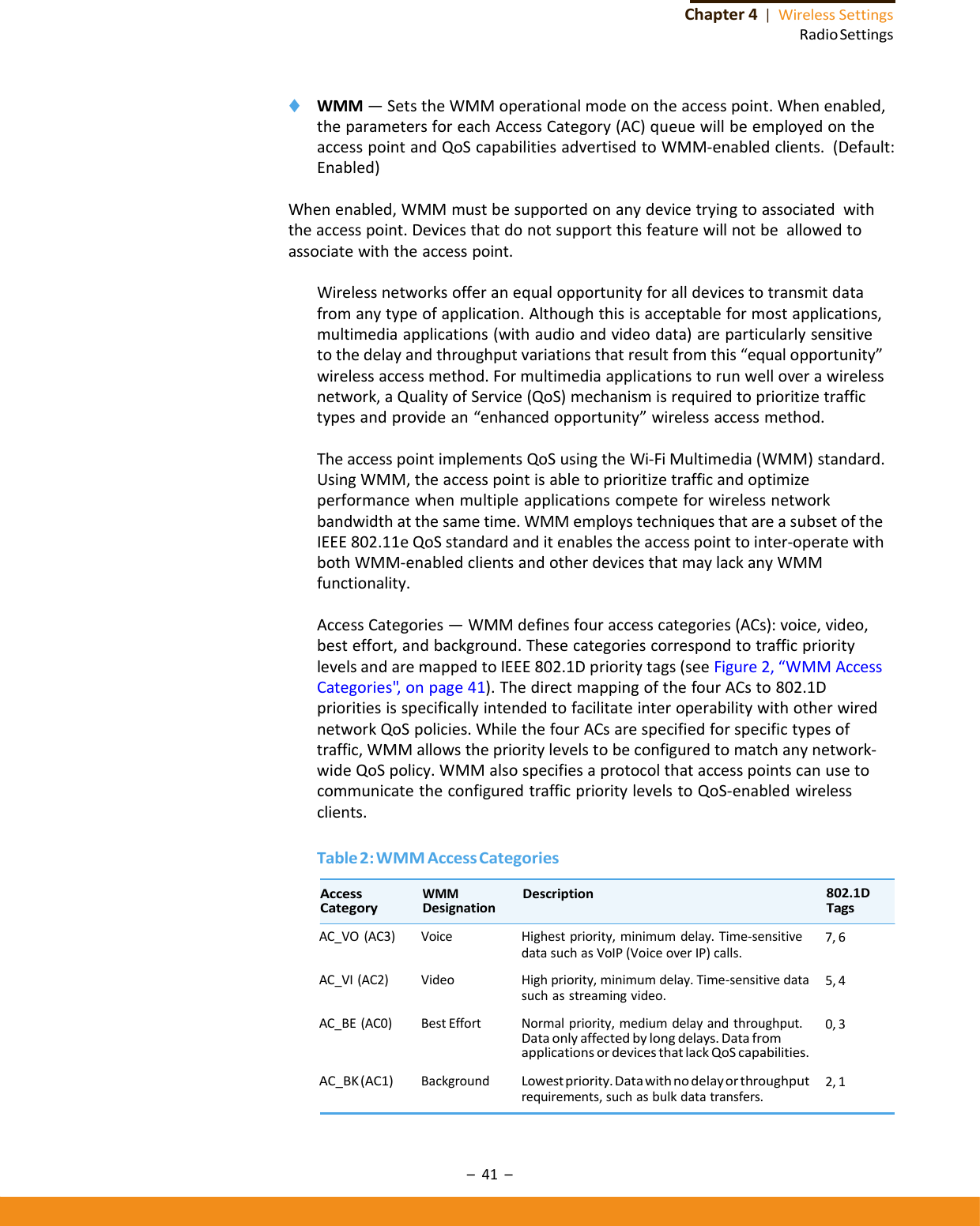 –41–Chapter4|WirelessSettingsRadioSettings◆ WMM—SetstheWMMoperationalmodeontheaccesspoint.Whenenabled,theparametersforeachAccessCategory(AC)queuewillbeemployedontheaccesspointandQoScapabilitiesadvertisedtoWMM‐enabledclients.(Default:Enabled)Whenenabled,WMMmustbesupportedonanydevicetryingtoassociatedwiththeaccesspoint.Devicesthatdonotsupportthisfeaturewillnotbeallowedtoassociatewiththeaccesspoint.Wirelessnetworksofferanequalopportunityforalldevicestotransmitdatafromanytypeofapplication.Althoughthisisacceptableformostapplications,multimediaapplications(withaudioandvideodata)areparticularlysensitivetothedelayandthroughputvariationsthatresultfromthis“equalopportunity”wirelessaccessmethod.Formultimediaapplicationstorunwelloverawirelessnetwork,aQualityofService(QoS)mechanismisrequiredtoprioritizetraffictypesandprovidean“enhancedopportunity”wirelessaccessmethod.TheaccesspointimplementsQoSusingtheWi‐FiMultimedia(WMM)standard.UsingWMM,theaccesspointisabletoprioritizetrafficandoptimizeperformancewhenmultipleapplicationscompeteforwirelessnetworkbandwidthatthesametime.WMMemploystechniquesthatareasubsetoftheIEEE802.11eQoSstandardanditenablestheaccesspointtointer‐operatewithbothWMM‐enabledclientsandotherdevicesthatmaylackanyWMMfunctionality.AccessCategories—WMMdefinesfouraccesscategories(ACs):voice,video,besteffort,andbackground.ThesecategoriescorrespondtotrafficprioritylevelsandaremappedtoIEEE802.1Dprioritytags(seeFigure2,“WMMAccessCategories&quot;,onpage41).ThedirectmappingofthefourACsto802.1DprioritiesisspecificallyintendedtofacilitateinteroperabilitywithotherwirednetworkQoSpolicies.WhilethefourACsarespecifiedforspecifictypesoftraffic,WMMallowstheprioritylevelstobeconfiguredtomatchanynetwork‐wideQoSpolicy.WMMalsospecifiesaprotocolthataccesspointscanusetocommunicatetheconfiguredtrafficprioritylevelstoQoS‐enabledwirelessclients.Table2:WMMAccessCategoriesAC_VO(AC3)VoiceHighestpriority,minimumdelay.Time‐sensitivedatasuchasVoIP(VoiceoverIP)calls.AC_VI(AC2)VideoHighpriority,minimumdelay.Time‐sensitivedatasuchasstreamingvideo.7,65,4AC_BE(AC0)BestEffortNormalpriority,mediumdelayandthroughput.Dataonlyaffectedbylongdelays.DatafromapplicationsordevicesthatlackQoScapabilities.AC_BK(AC1)BackgroundLowestpriority.Datawithnodelayorthroughputrequirements,suchasbulkdatatransfers.0,32,1AccessCategoryWMMDescriptionDesignation802.1DTags