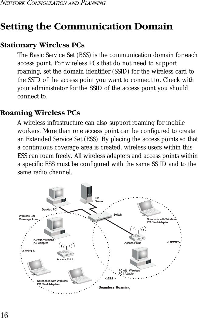 NETWORK CONFIGURATION AND PLANNING16Setting the Communication DomainStationary Wireless PCs The Basic Service Set (BSS) is the communication domain for each access point. For wireless PCs that do not need to support roaming, set the domain identifier (SSID) for the wireless card to the SSID of the access point you want to connect to. Check with your administrator for the SSID of the access point you should connect to.Roaming Wireless PCs A wireless infrastructure can also support roaming for mobile workers. More than one access point can be configured to create an Extended Service Set (ESS). By placing the access points so that a continuous coverage area is created, wireless users within this ESS can roam freely. All wireless adapters and access points within a specific ESS must be configured with the same SS ID and to the same radio channel.FileServerSwitchDesktop PCAccess PointNotebooks with WirelessPC Card AdaptersSeamless Roaming&lt;BSS2&gt;&lt;ESS&gt;&lt;BSS1&gt;PC with WirelessPC I AdapterPC with WirelessPCI AdapterNotebook with WirelessPC Card AdapterAccess PointWireless CellCoverage Area