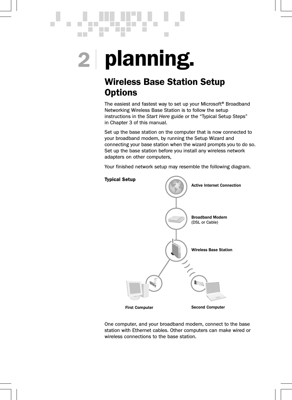 planning.Wireless Base Station SetupOptionsThe easiest and fastest way to set up your Microsoft® BroadbandNetworking Wireless Base Station is to follow the setupinstructions in the Start Here guide or the “Typical Setup Steps”in Chapter 3 of this manual.Set up the base station on the computer that is now connected toyour broadband modem, by running the Setup Wizard andconnecting your base station when the wizard prompts you to do so.Set up the base station before you install any wireless networkadapters on other computers,Your finished network setup may resemble the following diagram.One computer, and your broadband modem, connect to the basestation with Ethernet cables. Other computers can make wired orwireless connections to the base station.2Active Internet ConnectionBroadband Modem(DSL or Cable)Second ComputerFirst ComputerWireless Base StationTypical Setup