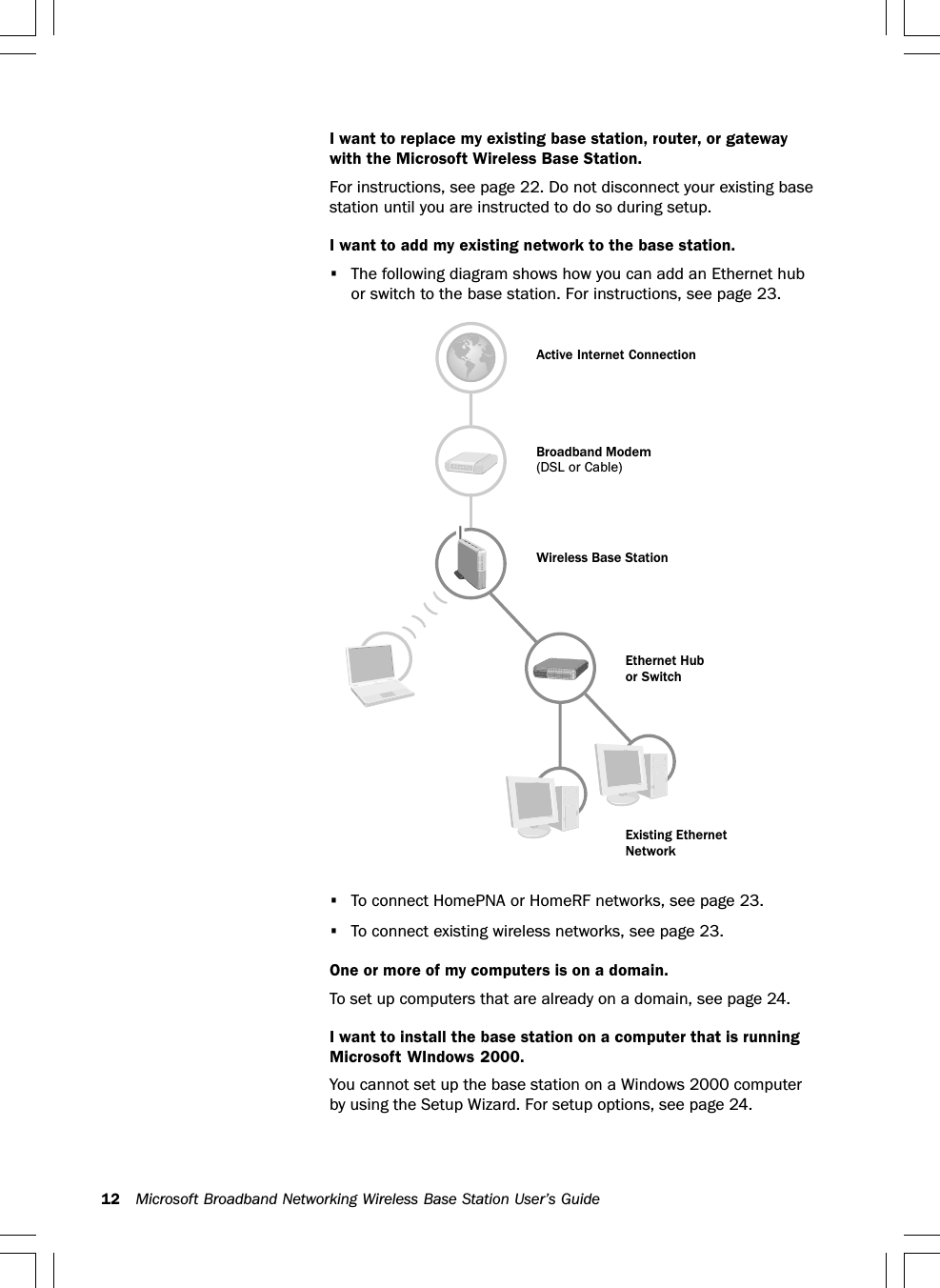 12 Microsoft Broadband Networking Wireless Base Station User’s GuideI want to replace my existing base station, router, or gatewaywith the Microsoft Wireless Base Station.For instructions, see page 22. Do not disconnect your existing basestation until you are instructed to do so during setup.I want to add my existing network to the base station.•The following diagram shows how you can add an Ethernet hubor switch to the base station. For instructions, see page 23.•To connect HomePNA or HomeRF networks, see page 23.•To connect existing wireless networks, see page 23.One or more of my computers is on a domain.To set up computers that are already on a domain, see page 24.I want to install the base station on a computer that is runningMicrosoft WIndows 2000.You cannot set up the base station on a Windows 2000 computerby using the Setup Wizard. For setup options, see page 24.Ethernet Hubor SwitchExisting EthernetNetworkActive Internet ConnectionBroadband Modem(DSL or Cable)Wireless Base Station