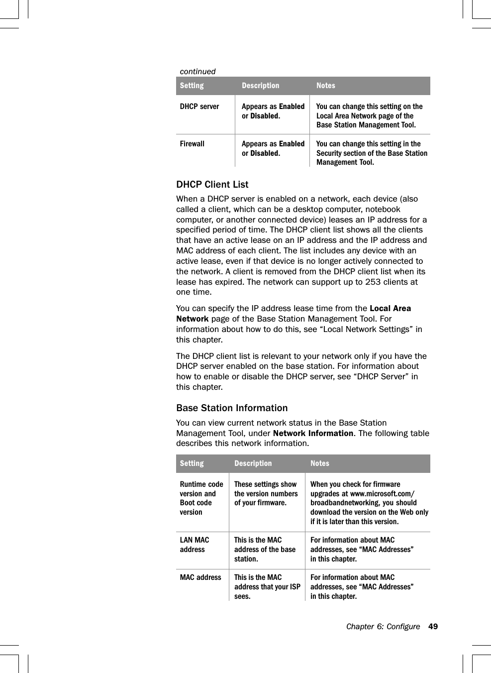 Chapter 6: Configure 49continuedcontinuedcontinuedSetting Description NotesDHCP server Appears as Enabled You can change this setting on theor Disabled. Local Area Network page of theBase Station Management Tool.Firewall Appears as Enabled You can change this setting in theor Disabled. Security section of the Base StationManagement Tool.DHCP Client ListWhen a DHCP server is enabled on a network, each device (alsocalled a client, which can be a desktop computer, notebookcomputer, or another connected device) leases an IP address for aspecified period of time. The DHCP client list shows all the clientsthat have an active lease on an IP address and the IP address andMAC address of each client. The list includes any device with anactive lease, even if that device is no longer actively connected tothe network. A client is removed from the DHCP client list when itslease has expired. The network can support up to 253 clients atone time.You can specify the IP address lease time from the Local AreaNetwork page of the Base Station Management Tool. Forinformation about how to do this, see “Local Network Settings” inthis chapter.The DHCP client list is relevant to your network only if you have theDHCP server enabled on the base station. For information abouthow to enable or disable the DHCP server, see “DHCP Server” inthis chapter.Base Station InformationYou can view current network status in the Base StationManagement Tool, under Network Information. The following tabledescribes this network information.Setting Description NotesRuntime code These settings show When you check for firmwareversion and the version numbers upgrades at www.microsoft.com/Boot code of your firmware. broadbandnetworking, you shouldversion download the version on the Web onlyif it is later than this version.LAN MAC This is the MAC For information about MACaddress address of the base addresses, see “MAC Addresses”station. in this chapter.MAC address This is the MAC For information about MACaddress that your ISP addresses, see “MAC Addresses”sees. in this chapter.