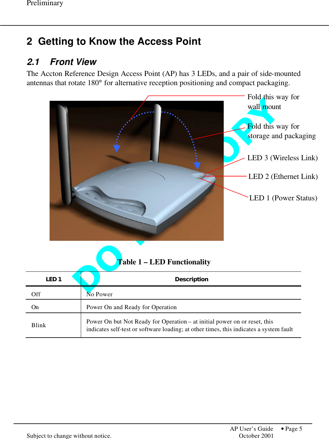 D O   N O T   C O P Y  Preliminary            AP User’s Guide  • Page 5 Subject to change without notice.    October 2001 2 Getting to Know the Access Point 2.1 Front View The Accton Reference Design Access Point (AP) has 3 LEDs, and a pair of side-mounted antennas that rotate 180° for alternative reception positioning and compact packaging.        Table 1 – LED Functionality  LED 1 Description Off No Power On Power On and Ready for Operation Blink Power On but Not Ready for Operation – at initial power on or reset, this indicates self-test or software loading; at other times, this indicates a system fault  LED 1 (Power Status) LED 2 (Ethernet Link) LED 3 (Wireless Link) Fold this way for storage and packaging Fold this way for wall mount 