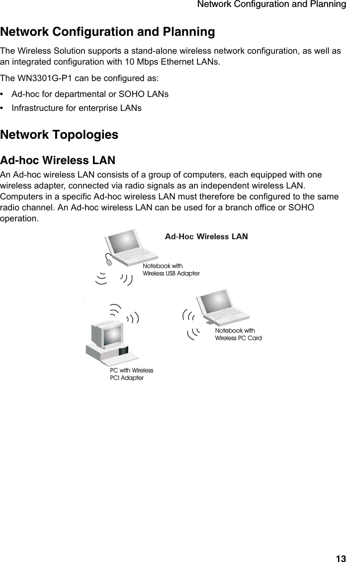 Network Configuration and Planning13Network Configuration and PlanningThe Wireless Solution supports a stand-alone wireless network configuration, as well as an integrated configuration with 10 Mbps Ethernet LANs.The WN3301G-P1 can be configured as:•Ad-hoc for departmental or SOHO LANs•Infrastructure for enterprise LANsNetwork TopologiesAd-hoc Wireless LANAn Ad-hoc wireless LAN consists of a group of computers, each equipped with one wireless adapter, connected via radio signals as an independent wireless LAN.  Computers in a specific Ad-hoc wireless LAN must therefore be configured to the same radio channel. An Ad-hoc wireless LAN can be used for a branch office or SOHO operation.Ad-Hoc Wireless LANNotebook withWireless USB AdapterNotebook withWireless PC CardPC with WirelessPCI Adapter