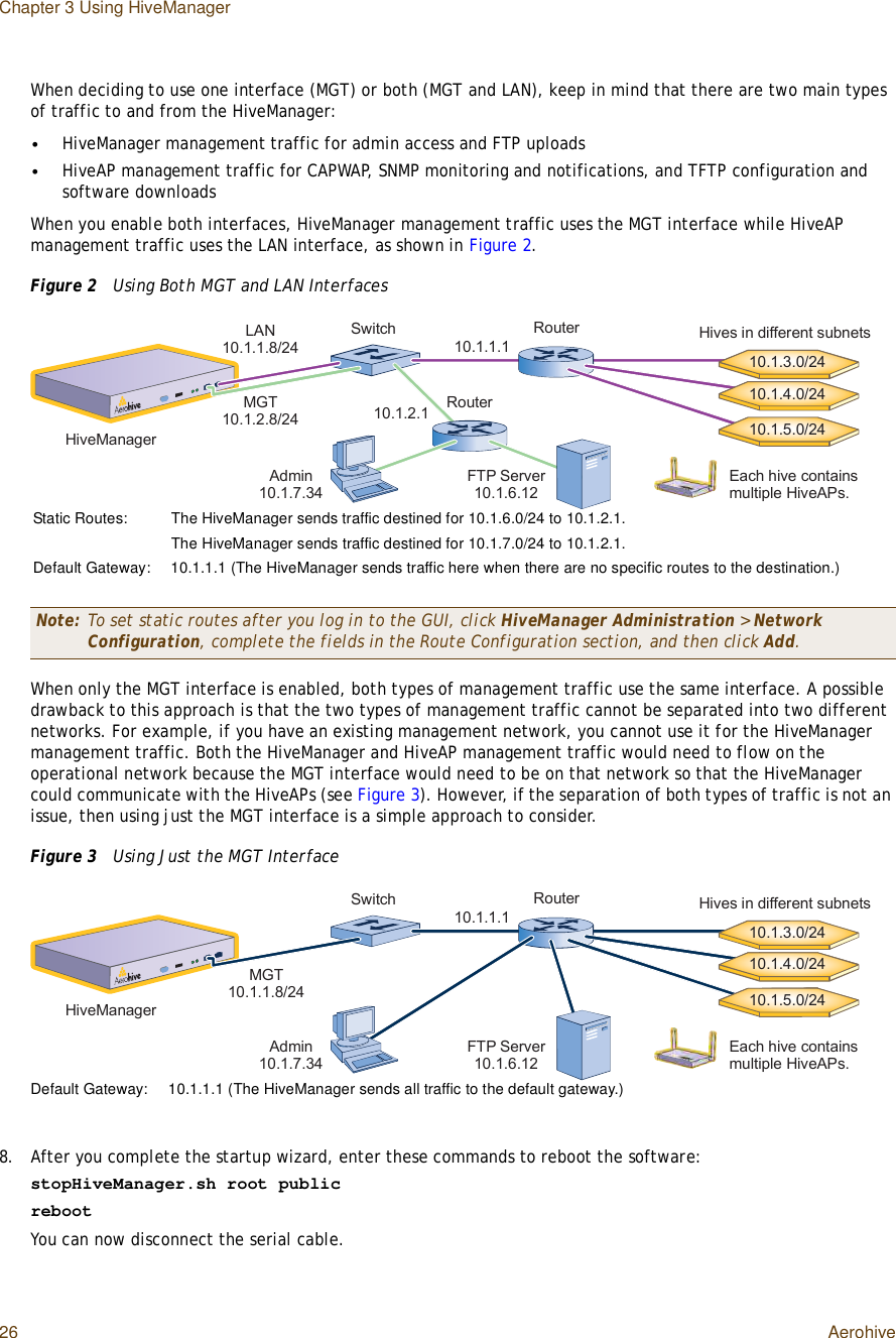 Chapter 3 Using HiveManager26 AerohiveWhen deciding to use one interface (MGT) or both (MGT and LAN), keep in mind that there are two main types of traffic to and from the HiveManager:•HiveManager management traffic for admin access and FTP uploads•HiveAP management traffic for CAPWAP, SNMP monitoring and notifications, and TFTP configuration and software downloadsWhen you enable both interfaces, HiveManager management traffic uses the MGT interface while HiveAP management traffic uses the LAN interface, as shown in Figure2.Figure 2  Using Both MGT and LAN InterfacesWhen only the MGT interface is enabled, both types of management traffic use the same interface. A possible drawback to this approach is that the two types of management traffic cannot be separated into two different networks. For example, if you have an existing management network, you cannot use it for the HiveManager management traffic. Both the HiveManager and HiveAP management traffic would need to flow on the operational network because the MGT interface would need to be on that network so that the HiveManager could communicate with the HiveAPs (see Figure3). However, if the separation of both types of traffic is not an issue, then using just the MGT interface is a simple approach to consider.Figure 3  Using Just the MGT Interface8.After you complete the startup wizard, enter these commands to reboot the software:stopHiveManager.sh root publicrebootYou can now disconnect the serial cable.Note: To set static routes after you log in to the GUI, click HiveManager Administration &gt; NetworkConfiguration, complete the fields in the Route Configuration section, and then click Add.ÓÙÌïðòïòîòèñîìÔßÒïðòïòïòèñîìÍ©·¬½¸ Î±«¬»® Ø·ª»- ·² ¼·ºº»®»²¬ -«¾²»¬-Î±«¬»®ïðòïòíòðñîìïðòïòìòðñîìïðòïòëòðñîìïðòïòïòïïðòïòîòïß¼³·²ïðòïòéòíìÚÌÐ Í»®ª»® ïðòïòêòïîØ·ª»Ó¿²¿¹»®Û¿½¸ ¸·ª» ½±²¬¿·²- ³«´¬·°´» Ø·ª»ßÐ-òStatic Routes: The HiveManager sends traffic destined for 10.1.6.0/24 to 10.1.2.1.The HiveManager sends traffic destined for 10.1.7.0/24 to 10.1.2.1.Default Gateway:10.1.1.1 (The HiveManager sends traffic here when there are no specific routes to the destination.)ÓÙÌïðòïòïòèñîìÍ©·¬½¸ Î±«¬»® Ø·ª»- ·² ¼·ºº»®»²¬ -«¾²»¬-ïðòïòíòðñîìïðòïòìòðñîìïðòïòëòðñîìïðòïòïòïß¼³·²ïðòïòéòíìÚÌÐ Í»®ª»® ïðòïòêòïîØ·ª»Ó¿²¿¹»®Û¿½¸ ¸·ª» ½±²¬¿·²- ³«´¬·°´» Ø·ª»ßÐ-òDefault Gateway:10.1.1.1 (The HiveManager sends all traffic to the default gateway.)