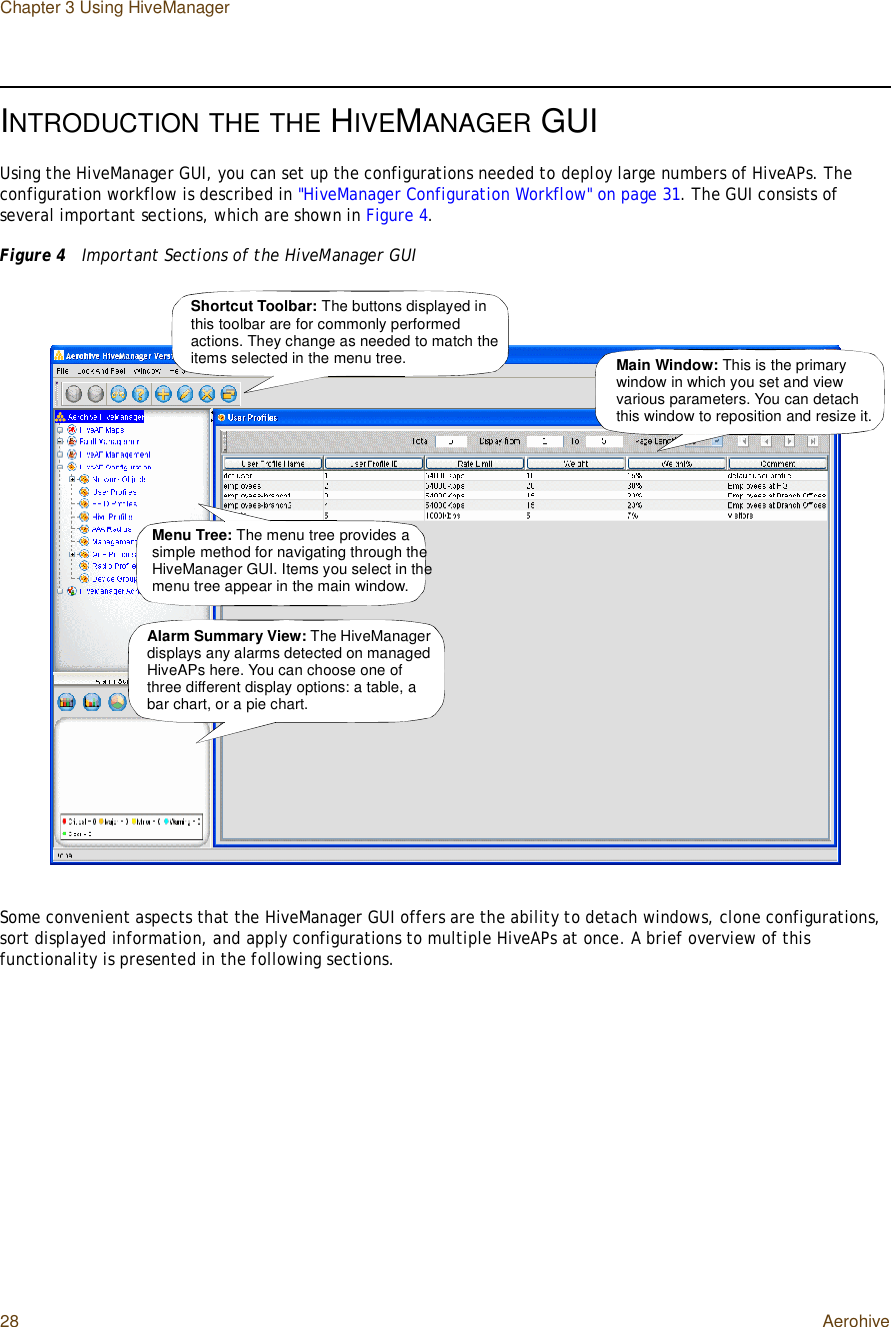 Chapter 3 Using HiveManager28 AerohiveINTRODUCTIONTHETHE HIVEMANAGER GUIUsing the HiveManager GUI, you can set up the configurations needed to deploy large numbers of HiveAPs. The configuration workflow is described in &quot;HiveManager Configuration Workflow&quot; on page31. The GUI consists of several important sections, which are shown in Figure4.Figure 4  Important Sections of the HiveManager GUISome convenient aspects that the HiveManager GUI offers are the ability to detach windows, clone configurations, sort displayed information, and apply configurations to multiple HiveAPs at once. A brief overview of this functionality is presented in the following sections.Main Window: This is the primary window in which you set and view various parameters. You can detach this window to reposition and resize it.Alarm Summary View: The HiveManager displays any alarms detected on managed HiveAPs here. You can choose one of three different display options: a table, a bar chart, or a pie chart.Menu Tree: The menu tree provides a simple method for navigating through the HiveManager GUI. Items you select in the menu tree appear in the main window.Shortcut Toolbar: The buttons displayed in this toolbar are for commonly performed actions. They change as needed to match the items selected in the menu tree.