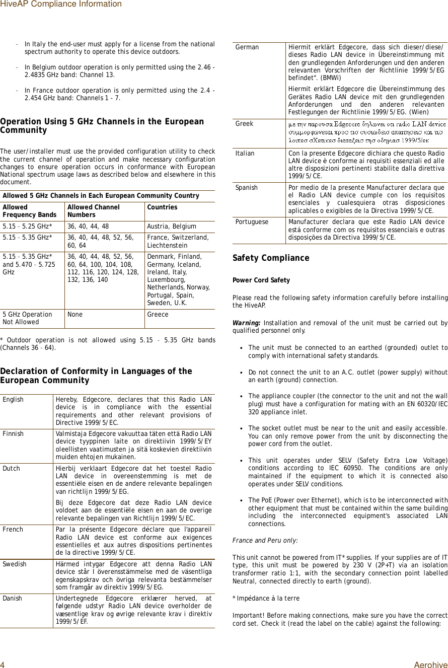 HiveAP Compliance Information4Aerohive–In Italy the end-user must apply for a license from the nationalspectrum authority to operate this device outdoors.–In Belgium outdoor operation is only permitted using the 2.46 -2.4835 GHz band: Channel 13.–In France outdoor operation is only permitted using the 2.4 -2.454 GHz band: Channels 1 - 7.Operation Using 5 GHz Channels in the European CommunityThe user/installer must use the provided configuration utility to checkthe current channel of operation and make necessary configurationchanges to ensure operation occurs in conformance with EuropeanNational spectrum usage laws as described below and elsewhere in thisdocument.* Outdoor operation is not allowed using 5.15  – 5.35 GHz bands(Channels 36 – 64).Declaration of Conformity in Languages of the European CommunitySafety CompliancePower Cord SafetyPlease read the following safety information carefully before installingthe HiveAP.Warning: Installation and removal of the unit must be carried out byqualified personnel only.•The unit must be connected to an earthed (grounded) outlet tocomply with international safety standards.•Do not connect the unit to an A.C. outlet (power supply) withoutan earth (ground) connection.•The appliance coupler (the connector to the unit and not the wallplug) must have a configuration for mating with an EN 60320/IEC320 appliance inlet.•The socket outlet must be near to the unit and easily accessible.You can only remove power from the unit by disconnecting thepower cord from the outlet.•This unit operates under SELV (Safety Extra Low Voltage)conditions according to IEC 60950. The conditions are onlymaintained if the equipment to which it is connected alsooperates under SELV conditions.•The PoE (Power over Ethernet), which is to be interconnected withother equipment that must be contained within the same buildingincluding the interconnected equipment&apos;s associated LANconnections.France and Peru only:This unit cannot be powered from IT* supplies. If your supplies are of ITtype, this unit must be powered by 230 V (2P+T) via an isolationtransformer ratio 1:1, with the secondary connection point labelledNeutral, connected directly to earth (ground).* Impédance à la terreImportant! Before making connections, make sure you have the correctcord set. Check it (read the label on the cable) against the following:Allowed 5 GHz Channels in Each European Community CountryAllowed Frequency Bands Allowed Channel Numbers Countries5.15 – 5.25 GHz*36, 40, 44, 48Austria, Belgium5.15 – 5.35 GHz*36, 40, 44, 48, 52, 56, 60, 64 France, Switzerland, Liechtenstein5.15 – 5.35 GHz* and 5.470 – 5.725 GHz36, 40, 44, 48, 52, 56, 60, 64, 100, 104, 108, 112, 116, 120, 124, 128, 132, 136, 140Denmark, Finland, Germany, Iceland, Ireland, Italy, Luxembourg, Netherlands, Norway, Portugal, Spain, Sweden, U.K.5 GHz Operation Not Allowed NoneGreeceEnglishHereby, Edgecore, declares that this Radio LANdevice is in compliance with the essentialrequirements and other relevant provisions ofDirective 1999/5/EC.FinnishValmistaja Edgecore vakuuttaa täten että Radio LANdevice tyyppinen laite on direktiivin 1999/5/EYoleellisten vaatimusten ja sitä koskevien direktiivinmuiden ehtojen mukainen.DutchHierbij verklaart Edgecore dat het toestel RadioLAN device in overeenstemming is met deessentiële eisen en de andere relevante bepalingenvan richtlijn 1999/5/EG.Bij deze Edgecore dat deze Radio LAN devicevoldoet aan de essentiële eisen en aan de overigerelevante bepalingen van Richtlijn 1999/5/EC.FrenchPar la présente Edgecore déclare que l&apos;appareilRadio LAN device est conforme aux exigencesessentielles et aux autres dispositions pertinentesde la directive 1999/5/CE.SwedishHärmed intygar Edgecore att denna Radio LANdevice står I överensstämmelse med de väsentligaegenskapskrav och  övriga relevanta bestämmelsersom framgår av direktiv 1999/5/EG.DanishUndertegnede Edgecore erklærer herved, atfølgende udstyr Radio LAN device overholder devæsentlige krav og øvrige relevante krav i direktiv1999/5/EF.GermanHiermit erklärt Edgecore, dass sich dieser/diese/dieses Radio LAN device in  Übereinstimmung mitden grundlegenden Anforderungen und den anderenrelevanten Vorschriften der Richtlinie 1999/5/EGbefindet&quot;. (BMWi)Hiermit erklärt Edgecore die Übereinstimmung desGerätes Radio LAN device mit den grundlegendenAnforderungen und den anderen relevantenFestlegungen der Richtlinie 1999/5/EG. (Wien)GreekItalianCon la presente Edgecore dichiara che questo RadioLAN device è conforme ai requisiti essenziali ed allealtre disposizioni pertinenti stabilite dalla direttiva1999/5/CE.SpanishPor medio de la presente Manufacturer declara queel Radio LAN device cumple con los requisitosesenciales y cualesquiera otras disposicionesaplicables o exigibles de la Directiva 1999/5/CE.PortugueseManufacturer declara que este Radio LAN deviceestá conforme com os requisitos essenciais e outrasdisposições da Directiva 1999/5/CE.