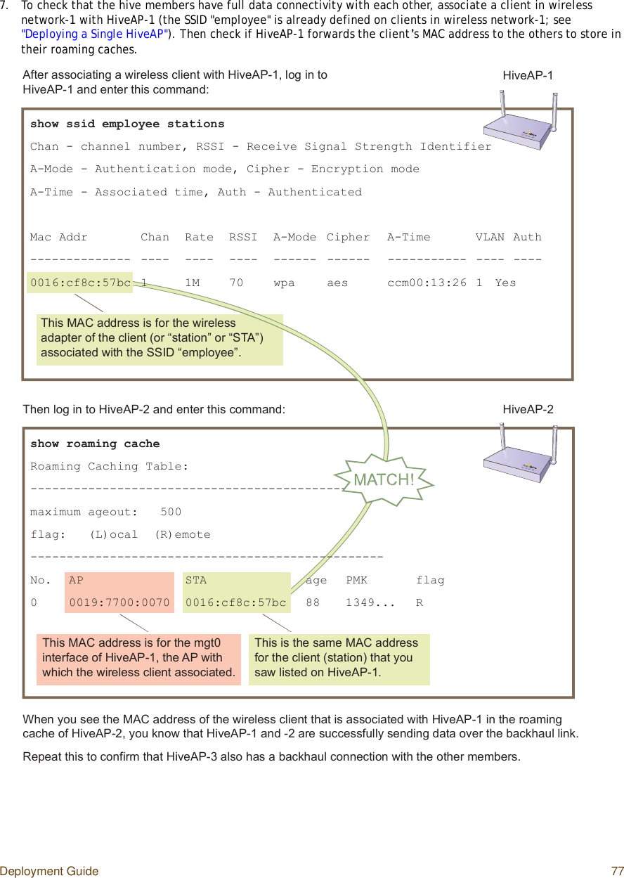Deployment Guide 777.To check that the hive members have full data connectivity with each other, associate a client in wireless network-1 with HiveAP-1 (the SSID &quot;employee&quot; is already defined on clients in wireless network-1; see &quot;Deploying a Single HiveAP&quot;). Then check if HiveAP-1 forwards the client’s MAC address to the others to store in their roaming caches.-¸±© ®±¿³·²¹ ½¿½¸»Î±¿³·²¹ Ý¿½¸·²¹ Ì¿¾´»æóóóóóóóóóóóóóóóóóóóóóóóóóóóóóóóóóóóóóóóóóóóóóóóóó³¿¨·³«³ ¿¹»±«¬æ   ëððº´¿¹æ   øÔ÷±½¿´  øÎ÷»³±¬»óóóóóóóóóóóóóóóóóóóóóóóóóóóóóóóóóóóóóóóóóóóóóóóóóÒ±ò ßÐ ÍÌß   ¿¹» ÐÓÕ º´¿¹ð ððïçæééððæððéð ððïêæ½ºè½æëé¾½ èè ïíìçòòò ÎÌ¸·- ÓßÝ ¿¼¼®»-- ·- º±® ¬¸» ³¹¬ð ·²¬»®º¿½» ±º Ø·ª»ßÐóïô ¬¸» ßÐ ©·¬¸ ©¸·½¸ ¬¸» ©·®»´»-- ½´·»²¬ ¿--±½·¿¬»¼òÌ¸·- ·- ¬¸» -¿³» ÓßÝ ¿¼¼®»-- º±® ¬¸» ½´·»²¬ ø-¬¿¬·±²÷ ¬¸¿¬ §±« -¿© ´·-¬»¼ ±² Ø·ª»ßÐóïò-¸±© --·¼ »³°´±§»» -¬¿¬·±²-Ý¸¿² ó ½¸¿²²»´ ²«³¾»®ô ÎÍÍ× ó Î»½»·ª» Í·¹²¿´ Í¬®»²¹¬¸ ×¼»²¬·º·»®ßóÓ±¼» ó ß«¬¸»²¬·½¿¬·±² ³±¼»ô Ý·°¸»® ó Û²½®§°¬·±² ³±¼»ßóÌ·³» ó ß--±½·¿¬»¼ ¬·³»ô ß«¬¸ ó ß«¬¸»²¬·½¿¬»¼Ó¿½ ß¼¼® Ý¸¿² Î¿¬» ÎÍÍ× ßóÓ±¼» Ý·°¸»® ßóÌ·³»  ÊÔßÒ ß«¬¸óóóóóóóóóóóóóó óóóó óóóó óóóó óóóóóó  óóóóóó óóóóóóóóóóó óóóó óóóóððïêæ½ºè½æëé¾½ ï  ïÓ  éð ©°¿ ¿»-  ½½³ððæïíæîê ï Ç»-Ì¸·- ÓßÝ ¿¼¼®»-- ·- º±® ¬¸» ©·®»´»-- ¿¼¿°¬»® ±º ¬¸» ½´·»²¬ ø±® •-¬¿¬·±²Œ ±® •ÍÌßŒ÷ ¿--±½·¿¬»¼ ©·¬¸ ¬¸» ÍÍ×Ü •»³°´±§»»Œòßº¬»® ¿--±½·¿¬·²¹ ¿ ©·®»´»-- ½´·»²¬ ©·¬¸ Ø·ª»ßÐóïô ´±¹ ·² ¬± Ø·ª»ßÐóï ¿²¼ »²¬»® ¬¸·- ½±³³¿²¼æÉ¸»² §±« -»» ¬¸» ÓßÝ ¿¼¼®»-- ±º ¬¸» ©·®»´»-- ½´·»²¬ ¬¸¿¬ ·- ¿--±½·¿¬»¼ ©·¬¸ Ø·ª»ßÐóï ·² ¬¸» ®±¿³·²¹ ½¿½¸» ±º Ø·ª»ßÐóîô §±« µ²±© ¬¸¿¬ Ø·ª»ßÐóï ¿²¼ óî ¿®» -«½½»--º«´´§ -»²¼·²¹ ¼¿¬¿ ±ª»® ¬¸» ¾¿½µ¸¿«´ ´·²µòÎ»°»¿¬ ¬¸·- ¬± ½±²º·®³ ¬¸¿¬ Ø·ª»ßÐóí ¿´-± ¸¿- ¿ ¾¿½µ¸¿«´ ½±²²»½¬·±² ©·¬¸ ¬¸» ±¬¸»® ³»³¾»®-òÌ¸»² ´±¹ ·² ¬± Ø·ª»ßÐóî ¿²¼ »²¬»® ¬¸·- ½±³³¿²¼æØ·ª»ßÐóïØ·ª»ßÐóî