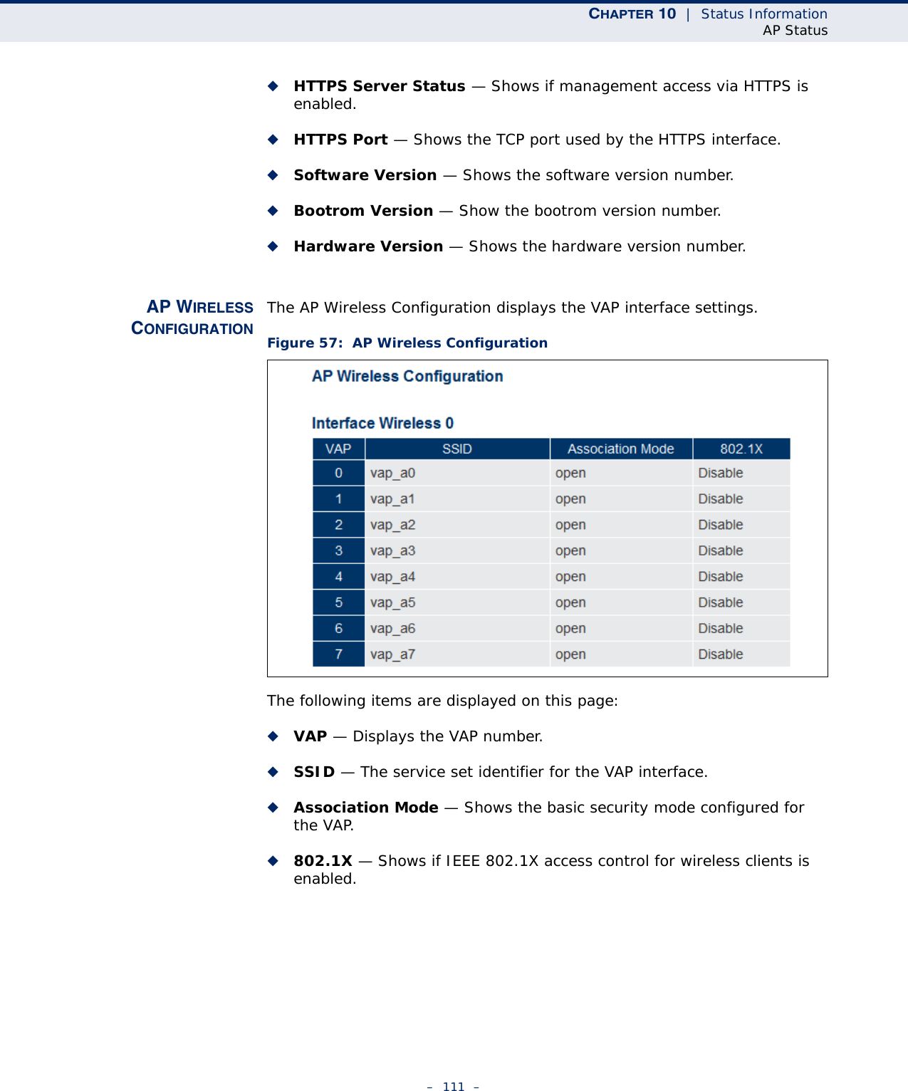 CHAPTER 10  |  Status InformationAP Status–  111  –◆HTTPS Server Status — Shows if management access via HTTPS is enabled.◆HTTPS Port — Shows the TCP port used by the HTTPS interface.◆Software Version — Shows the software version number.◆Bootrom Version — Show the bootrom version number.◆Hardware Version — Shows the hardware version number.AP WIRELESSCONFIGURATIONThe AP Wireless Configuration displays the VAP interface settings. Figure 57:  AP Wireless ConfigurationThe following items are displayed on this page:◆VAP — Displays the VAP number. ◆SSID — The service set identifier for the VAP interface.◆Association Mode — Shows the basic security mode configured for the VAP.◆802.1X — Shows if IEEE 802.1X access control for wireless clients is enabled.