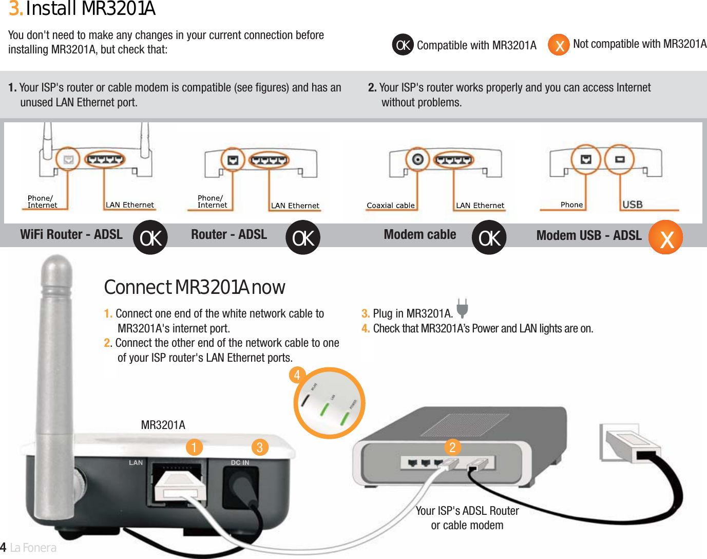 1. Your ISP&apos;s router or cable modem is compatible (see figures) and has anunused LAN Ethernet port.2. Your ISP&apos;s router works properly and you can access Internet without problems.44La Fonera1. Connect one end of the white network cable to MR3201A&apos;s internet port.2. Connect the other end of the network cable to oneof your ISP router&apos;s LAN Ethernet ports.3. Plug in MR3201A.4. Check that MR3201A’s Power and LAN lights are on.Not compatible with MR3201ACompatible with MR3201A3.InstallMR3201AConnectMR3201Anow4WiFi Router - ADSL  Router - ADSL  Modem cable  Modem USB - ADSLYour ISP&apos;s ADSL Router or cable modemMR3201AYou don&apos;t need to make any changes in your current connection beforeinstalling MR3201A, but check that:1 3 2xOKOK OK OKx