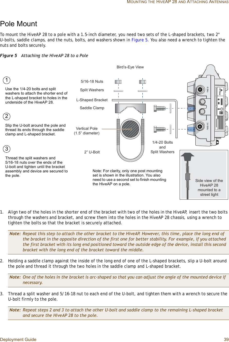 Deployment Guide 39 MOUNTINGTHE HIVEAP 28 AND ATTACHING ANTENNASPole MountTo mount the HiveAP 28 to a pole with a 1.5-inch diameter, you need two sets of the L-shaped brackets, two 2&quot; U-bolts, saddle clamps, and the nuts, bolts, and washers shown in Figure5. You also need a wrench to tighten the nuts and bolts securely.Figure 5  Attaching the HiveAP 28 to a Pole1.Align two of the holes in the shorter end of the bracket with two of the holes in the HiveAP, insert the two bolts through the washers and bracket, and screw them into the holes in the HiveAP 28 chassis, using a wrench to tighten the bolts so that the bracket is securely attached.2.Holding a saddle clamp against the inside of the long end of one of the L-shaped brackets, slip a U-bolt around the pole and thread it through the two holes in the saddle clamp and L-shaped bracket.3.Thread a split washer and 5/16-18 nut to each end of the U-bolt, and tighten them with a wrench to secure the U-bolt firmly to the pole.Note: Repeat this step to attach the other bracket to the HiveAP. However, this time, place the long end of the bracket in the opposite direction of the first one for better stability. For example, if you attached the first bracket with its long end positioned toward the outside edge of the device, install this second bracket with the long end of the bracket toward the middle.Note: One of the holes in the bracket is arc-shaped so that you can adjust the angle of the mounted device if necessary.Note: Repeat steps 2 and 3 to attach the other U-bolt and saddle clamp to the remaining L-shaped bracket and secure the HiveAP 28 to the pole.Í¿¼¼´» Ý´¿³°Ê»®¬·½¿´ Ð±´» øïòëŒ ¼·¿³»¬»®÷ îŒ ËóÞ±´¬Í°´·¬ É¿-¸»®-ëñïêóïè Ò«¬-ÔóÍ¸¿°»¼ Þ®¿½µ»¬ïñìóîð Þ±´¬-¿²¼Í°´·¬ É¿-¸»®-Þ·®¼Ž-óÛ§» Ê·»©Í·¼» ª·»© ±º ¬¸» Ø·ª»ßÐ îè ³±«²¬»¼ ¬± ¿ -¬®»»¬ ´·¹¸¬Note: For clarity, only one post mounting set is shown in the illustration. You also need to use a second set to finish mounting the HiveAP on a pole.Use the 1/4-20 bolts and split washers to attach the shorter end of the L-shaped bracket to holes in the underside of the HiveAP 28.Slip the U-bolt around the pole and thread its ends through the saddle clamp and L-shaped bracket.Thread the split washers and 5/16-18 nuts over the ends of the U-bolt and tighten until the bracket assembly and device are secured to the pole. 123