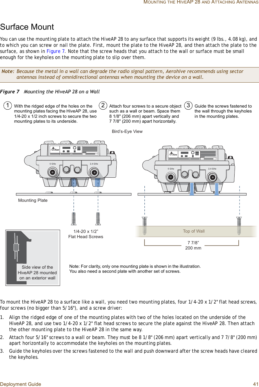 Deployment Guide 41 MOUNTINGTHE HIVEAP 28 AND ATTACHING ANTENNASSurface MountYou can use the mounting plate to attach the HiveAP 28 to any surface that supports its weight (9 lbs., 4.08 kg), and to which you can screw or nail the plate. First, mount the plate to the HiveAP 28, and then attach the plate to the surface, as shown in Figure7. Note that the screw heads that you attach to the wall or surface must be small enough for the keyholes on the mounting plate to slip over them.Figure 7  Mounting the HiveAP 28 on a WallTo mount the HiveAP 28 to a surface like a wall, you need two mounting plates, four 1/4-20 x 1/2&quot; flat head screws, four screws (no bigger than 5/16&quot;), and a screw driver: 1.Align the ridged edge of one of the mounting plates with two of the holes located on the underside of the HiveAP 28, and use two 1/4-20 x 1/2&quot; flat head screws to secure the plate against the HiveAP 28. Then attach the other mounting plate to the HiveAP 28 in the same way.2.Attach four 5/16&quot; screws to a wall or beam. They must be 8 1/8&quot; (206 mm) apart vertically and 7 7/8&quot; (200 mm) apart horizontally to accommodate the keyholes on the mounting plates.3.Guide the keyholes over the screws fastened to the wall and push downward after the screw heads have cleared the keyholes.Note: Because the metal in a wall can degrade the radio signal pattern, Aerohive recommends using sector antennas instead of omnidirectional antennas when mounting the device on a wall.ë ÙØ¦ îòì ÙØ¦é éñèŒîðð ³³Ì±° ±º É¿´´ë ÙØ¦ îòì ÙØ¦Ó±«²¬·²¹ Ð´¿¬»ïñìóîð ¨ ïñîŒ Ú´¿¬ Ø»¿¼ Í½®»©-Þ·®¼Ž-óÛ§» Ê·»©Í·¼» ª·»© ±º ¬¸» Ø·ª»ßÐ îè ³±«²¬»¼ ±² ¿² »¨¬»®·±® ©¿´´Guide the screws fastened to the wall through the keyholes in the mounting plates.Attach four screws to a secure object such as a wall or beam. Space them 81/8&quot; (206 mm) apart vertically and 77/8&quot; (200 mm) apart horizontally.With the ridged edge of the holes on the mounting plates facing the HiveAP 28, use 1/4-20 x 1/2 inch screws to secure the two mounting plates to its underside.1 2 3Note: For clarity, only one mounting plate is shown in the illustration. You also need a second plate with another set of screws.