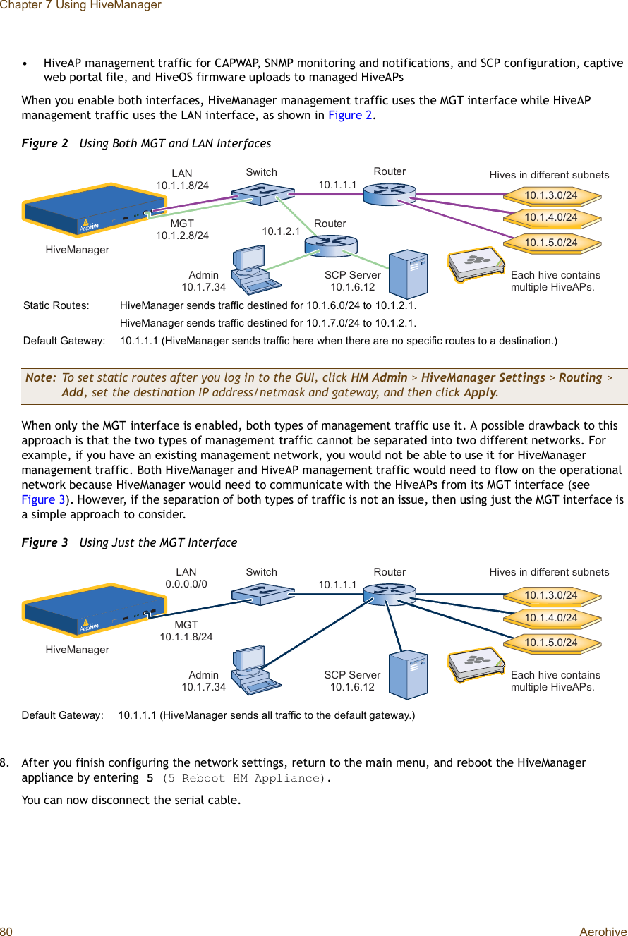 Chapter 7 Using HiveManager80 Aerohive•HiveAP management traffic for CAPWAP, SNMP monitoring and notifications, and SCP configuration, captive web portal file, and HiveOS firmware uploads to managed HiveAPsWhen you enable both interfaces, HiveManager management traffic uses the MGT interface while HiveAP management traffic uses the LAN interface, as shown in Figure2.Figure 2  Using Both MGT and LAN InterfacesWhen only the MGT interface is enabled, both types of management traffic use it. A possible drawback to this approach is that the two types of management traffic cannot be separated into two different networks. For example, if you have an existing management network, you would not be able to use it for HiveManager management traffic. Both HiveManager and HiveAP management traffic would need to flow on the operational network because HiveManager would need to communicate with the HiveAPs from its MGT interface (see Figure3). However, if the separation of both types of traffic is not an issue, then using just the MGT interface is a simple approach to consider.Figure 3  Using Just the MGT Interface8.After you finish configuring the network settings, return to the main menu, and reboot the HiveManager appliance by entering 5 (5 Reboot HM Appliance).You can now disconnect the serial cable.Note: To set static routes after you log in to the GUI, click HM Admin &gt; HiveManager Settings &gt;Routing &gt;Add, set the destination IP address/netmask and gateway, and then click Apply.ÓÙÌïðòïòîòèñîìÔßÒïðòïòïòèñîìÍ©·¬½¸ Î±«¬»®Ø·ª»- ·² ¼·ºº»®»²¬ -«¾²»¬-Î±«¬»®ïðòïòíòðñîìïðòïòìòðñîìïðòïòëòðñîìïðòïòïòïïðòïòîòïß¼³·²ïðòïòéòíìÍÝÐ Í»®ª»® ïðòïòêòïîØ·ª»Ó¿²¿¹»®Û¿½¸ ¸·ª» ½±²¬¿·²- ³«´¬·°´» Ø·ª»ßÐ-òStatic Routes: HiveManager sends traffic destined for 10.1.6.0/24 to 10.1.2.1.HiveManager sends traffic destined for 10.1.7.0/24 to 10.1.2.1.Default Gateway:10.1.1.1 (HiveManager sends traffic here when there are no specific routes to a destination.)ÓÙÌïðòïòïòèñîìÔßÒðòðòðòðñðÍ©·¬½¸ Î±«¬»®Ø·ª»- ·² ¼·ºº»®»²¬ -«¾²»¬-ïðòïòíòðñîìïðòïòìòðñîìïðòïòëòðñîìïðòïòïòïß¼³·²ïðòïòéòíìÍÝÐ Í»®ª»® ïðòïòêòïîØ·ª»Ó¿²¿¹»®Û¿½¸ ¸·ª» ½±²¬¿·²- ³«´¬·°´» Ø·ª»ßÐ-òDefault Gateway:10.1.1.1 (HiveManager sends all traffic to the default gateway.)