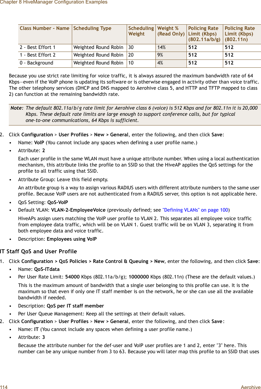 Chapter 8 HiveManager Configuration Examples114 AerohiveBecause you use strict rate limiting for voice traffic, it is always assured the maximum bandwidth rate of 64 Kbps—even if the VoIP phone is updating its software or is otherwise engaged in activity other than voice traffic. The other telephony services (DHCP and DNS mapped to Aerohive class 5, and HTTP and TFTP mapped to class 2) can function at the remaining bandwidth rate.2.Click Configuration &gt;User Profiles &gt;New &gt; General, enter the following, and then click Save:•Name: VoIP (You cannot include any spaces when defining a user profile name.)•Attribute: 2Each user profile in the same WLAN must have a unique attribute number. When using a local authentication mechanism, this attribute links the profile to an SSID so that the HiveAP applies the QoS settings for the profile to all traffic using that SSID.•Attribute Group: Leave this field empty.An attribute group is a way to assign various RADIUS users with different attribute numbers to the same user profile. Because VoIP users are not authenticated from a RADIUS server, this option is not applicable here.•QoS Setting: QoS-VoIP•Default VLAN: VLAN-2-EmployeeVoice (previously defined; see &quot;Defining VLANs&quot; on page100)HiveAPs assign users matching the VoIP user profile to VLAN 2. This separates all employee voice traffic from employee data traffic, which will be on VLAN 1. Guest traffic will be on VLAN 3, separating it from both employee data and voice traffic.•Description: Employees using VoIPIT Staff QoS and User Profile1.Click Configuration &gt; QoS Policies &gt; Rate Control &amp; Queuing &gt; New, enter the following, and then click Save:•Name: QoS-ITdata•Per User Rate Limit: 54000 Kbps (802.11a/b/g); 1000000 Kbps (802.11n) (These are the default values.)This is the maximum amount of bandwidth that a single user belonging to this profile can use. It is the maximum so that even if only one IT staff member is on the network, he or she can use all the available bandwidth if needed.•Description: QoS per IT staff member•Per User Queue Management: Keep all the settings at their default values.2.Click Configuration &gt;User Profiles &gt;New &gt; General, enter the following, and then click Save:•Name: IT (You cannot include any spaces when defining a user profile name.)•Attribute: 3Because the attribute number for the def-user and VoIP user profiles are 1 and 2, enter &quot;3&quot; here. This number can be any unique number from 3 to 63. Because you will later map this profile to an SSID that uses 2 - Best Effort 1Weighted Round Robin30 14% 5125121 - Best Effort 2Weighted Round Robin20 9% 5125120 - BackgroundWeighted Round Robin10 4% 512512Note: The default 802.11a/b/g rate limit for Aerohive class 6 (voice) is 512 Kbps and for 802.11n it is 20,000 Kbps. These default rate limits are large enough to support conference calls, but for typical one-to-one communications, 64 Kbps is sufficient.Class Number - Name Scheduling Type Scheduling WeightWeight % (Read Only)Policing Rate Limit (Kbps)(802.11a/b/g)Policing Rate Limit (Kbps) (802.11n)