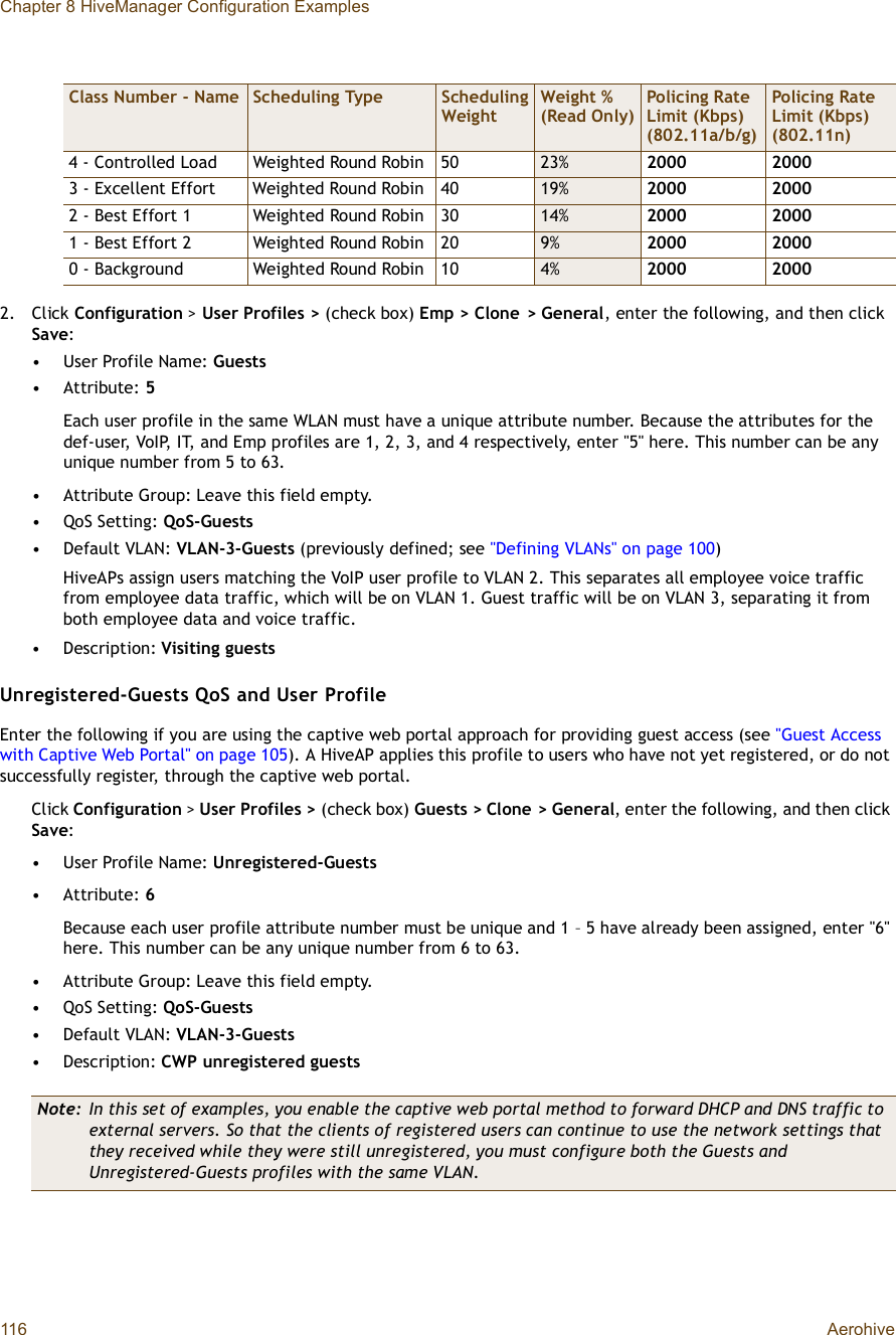 Chapter 8 HiveManager Configuration Examples116 Aerohive2.Click Configuration &gt;User Profiles &gt; (check box) Emp &gt; Clone &gt; General, enter the following, and then click Save:•User Profile Name: Guests•Attribute: 5Each user profile in the same WLAN must have a unique attribute number. Because the attributes for the def-user, VoIP, IT, and Emp profiles are 1, 2, 3, and 4 respectively, enter &quot;5&quot; here. This number can be any unique number from 5 to 63.•Attribute Group: Leave this field empty.•QoS Setting: QoS-Guests•Default VLAN: VLAN-3-Guests (previously defined; see &quot;Defining VLANs&quot; on page100)HiveAPs assign users matching the VoIP user profile to VLAN 2. This separates all employee voice traffic from employee data traffic, which will be on VLAN 1. Guest traffic will be on VLAN 3, separating it from both employee data and voice traffic.•Description: Visiting guestsUnregistered-Guests QoS and User ProfileEnter the following if you are using the captive web portal approach for providing guest access (see &quot;Guest Access with Captive Web Portal&quot; on page105). A HiveAP applies this profile to users who have not yet registered, or do not successfully register, through the captive web portal.Click Configuration &gt;User Profiles &gt; (check box) Guests &gt; Clone &gt; General, enter the following, and then click Save:•User Profile Name: Unregistered-Guests•Attribute: 6Because each user profile attribute number must be unique and 1 – 5 have already been assigned, enter &quot;6&quot; here. This number can be any unique number from 6 to 63.•Attribute Group: Leave this field empty.•QoS Setting: QoS-Guests•Default VLAN: VLAN-3-Guests•Description: CWP unregistered guests4 - Controlled LoadWeighted Round Robin50 23% 200020003 - Excellent EffortWeighted Round Robin40 19% 200020002 - Best Effort 1Weighted Round Robin30 14% 200020001 - Best Effort 2Weighted Round Robin20 9% 200020000 - BackgroundWeighted Round Robin10 4% 20002000Note: In this set of examples, you enable the captive web portal method to forward DHCP and DNS traffic to external servers. So that the clients of registered users can continue to use the network settings that they received while they were still unregistered, you must configure both the Guests and Unregistered-Guests profiles with the same VLAN.Class Number - Name Scheduling Type Scheduling WeightWeight % (Read Only)Policing Rate Limit (Kbps)(802.11a/b/g)Policing Rate Limit (Kbps) (802.11n)