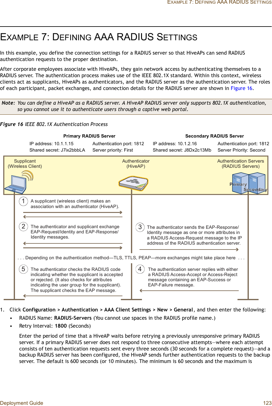 Deployment Guide 123EXAMPLE 7: DEFINING AAA RADIUS SETTINGSEXAMPLE 7:DEFINING AAA RADIUS SETTINGSIn this example, you define the connection settings for a RADIUS server so that HiveAPs can send RADIUS authentication requests to the proper destination.After corporate employees associate with HiveAPs, they gain network access by authenticating themselves to a RADIUS server. The authentication process makes use of the IEEE 802.1X standard. Within this context, wireless clients act as supplicants, HiveAPs as authenticators, and the RADIUS server as the authentication server. The roles of each participant, packet exchanges, and connection details for the RADIUS server are shown in Figure16.Figure 16 IEEE 802.1X Authentication Process1.Click Configuration &gt; Authentication &gt; AAA Client Settings &gt; New &gt; General, and then enter the following:•RADIUS Name: RADIUS-Servers (You cannot use spaces in the RADIUS profile name.)•Retry Interval: 1800 (Seconds)Enter the period of time that a HiveAP waits before retrying a previously unresponsive primary RADIUS server. If a primary RADIUS server does not respond to three consecutive attempts—where each attempt consists of ten authentication requests sent every three seconds (30 seconds for a complete request)—and a backup RADIUS server has been configured, the HiveAP sends further authentication requests to the backup server. The default is 600 seconds (or 10 minutes). The minimum is 60 seconds and the maximum is Note: You can define a HiveAP as a RADIUS server. A HiveAP RADIUS server only supports 802.1X authentication, so you cannot use it to authenticate users through a captive web portal.ß -«°°´·½¿²¬ ø©·®»´»-- ½´·»²¬÷ ³¿µ»- ¿² ¿--±½·¿¬·±² ©·¬¸ ¿² ¿«¬¸»²¬·½¿¬±® øØ·ª»ßÐ÷ò Ì¸» ¿«¬¸»²¬·½¿¬±® ½¸»½µ- ¬¸» ÎßÜ×ËÍ ½±¼» ·²¼·½¿¬·²¹ ©¸»¬¸»® ¬¸» -«°°´·½¿²¬ ·- ¿½½»°¬»¼ ±® ®»¶»½¬»¼ò ø×¬ ¿´-± ½¸»½µ- º±® ¿¬¬®·¾«¬»- ·²¼·½¿¬·²¹ ¬¸» «-»® ¹®±«° º±® ¬¸» -«°°´·½¿²¬÷ò Ì¸» -«°°´·½¿²¬ ½¸»½µ- ¬¸» ÛßÐ ³»--¿¹»òÌ¸» ¿«¬¸»²¬·½¿¬±® ¿²¼ -«°°´·½¿²¬ »¨½¸¿²¹» ÛßÐóÎ»¯«»-¬ñ×¼»²¬·¬§ ¿²¼ ÛßÐóÎ»-°±²-»ñ ×¼»²¬·¬§ ³»--¿¹»-òÍ«°°´·½¿²¬øÉ·®»´»-- Ý´·»²¬÷ß«¬¸»²¬·½¿¬±®øØ·ª»ßÐ÷ß«¬¸»²¬·½¿¬·±² Í»®ª»®-øÎßÜ×ËÍ Í»®ª»®-÷ïîÌ¸» ¿«¬¸»²¬·½¿¬·±² -»®ª»® ®»°´·»- ©·¬¸ »·¬¸»® ¿ ÎßÜ×ËÍ ß½½»--óß½½»°¬ ±® ß½½»--óÎ»¶»½¬ ³»--¿¹» ½±²¬¿·²·²¹ ¿² ÛßÐóÍ«½½»-- ±® ÛßÐóÚ¿·´«®» ³»--¿¹»òÌ¸» ¿«¬¸»²¬·½¿¬±® -»²¼- ¬¸» ÛßÐóÎ»-°±²-»ñ ×¼»²¬·¬§ ³»--¿¹» ¿- ±²» ±® ³±®» ¿¬¬®·¾«¬»- ·² ¿ ÎßÜ×ËÍ ß½½»--óÎ»¯«»-¬ ³»--¿¹» ¬± ¬¸» ×Ð ¿¼¼®»-- ±º ¬¸» ÎßÜ×ËÍ ¿«¬¸»²¬·½¿¬·±² -»®ª»®òíìëò ò ò Ü»°»²¼·²¹ ±² ¬¸» ¿«¬¸»²¬·½¿¬·±² ³»¬¸±¼‰ÌÔÍô ÌÌÔÍô ÐÛßÐ‰³±®» »¨½¸¿²¹»- ³·¹¸¬ ¬¿µ» °´¿½» ¸»®»  ò ò òPrimary RADIUS ServerIP address: 10.1.1.15Shared secret: J7ix2bbbLAAuthentication port: 1812Server priority: FirstSecondary RADIUS ServerIP address: 10.1.2.16Shared secret: J8Dx2c13MbAuthentication port: 1812Server Priority: Second