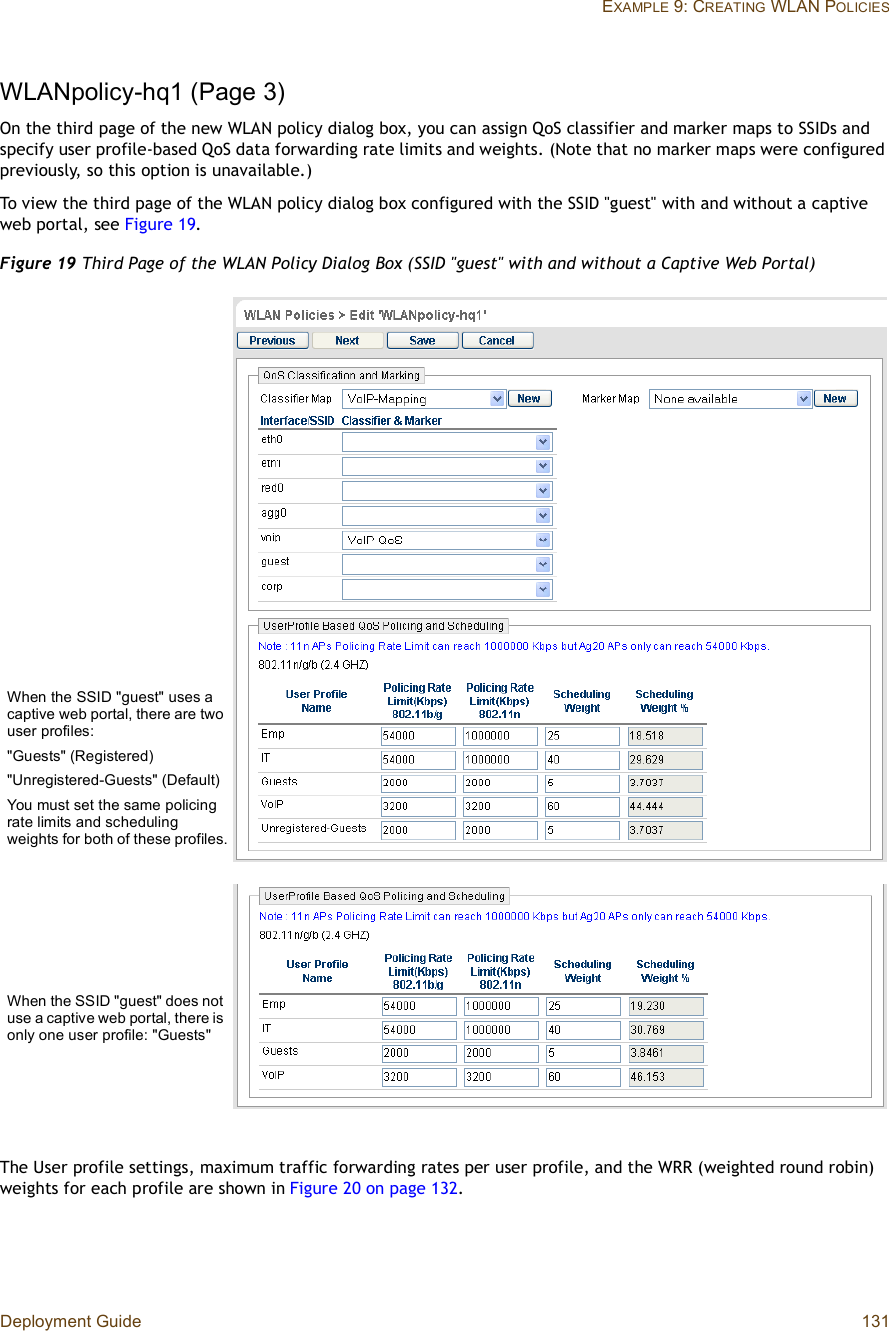 Deployment Guide 131EXAMPLE 9: CREATING WLAN POLICIESWLANpolicy-hq1 (Page 3)On the third page of the new WLAN policy dialog box, you can assign QoS classifier and marker maps to SSIDs and specify user profile-based QoS data forwarding rate limits and weights. (Note that no marker maps were configured previously, so this option is unavailable.)To view the third page of the WLAN policy dialog box configured with the SSID &quot;guest&quot; with and without a captive web portal, see Figure19.Figure 19 Third Page of the WLAN Policy Dialog Box (SSID &quot;guest&quot; with and without a Captive Web Portal)The User profile settings, maximum traffic forwarding rates per user profile, and the WRR (weighted round robin) weights for each profile are shown in Figure20 on page132.When the SSID &quot;guest&quot; does not use a captive web portal, there is only one user profile: &quot;Guests&quot;When the SSID &quot;guest&quot; uses a captive web portal, there are two user profiles: &quot;Guests&quot; (Registered)&quot;Unregistered-Guests&quot; (Default)You must set the same policing rate limits and scheduling weights for both of these profiles.