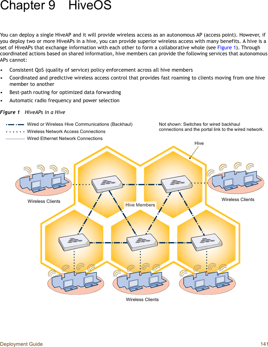 Deployment Guide 141Chapter 9HiveOSYou can deploy a single HiveAP and it will provide wireless access as an autonomous AP (access point). However, if you deploy two or more HiveAPs in a hive, you can provide superior wireless access with many benefits. A hive is a set of HiveAPs that exchange information with each other to form a collaborative whole (see Figure1). Through coordinated actions based on shared information, hive members can provide the following services that autonomous APs cannot:•Consistent QoS (quality of service) policy enforcement across all hive members•Coordinated and predictive wireless access control that provides fast roaming to clients moving from one hive member to another•Best-path routing for optimized data forwarding•Automatic radio frequency and power selectionFigure 1  HiveAPs in a HiveØ·ª» Ó»³¾»®-Wired or Wireless Hive Communications (Backhaul)Wireless Network Access ConnectionsWired Ethernet Network ConnectionsNot shown: Switches for wired backhaul connections and the portal link to the wired network.Wireless Clients Wireless ClientsWireless ClientsHive