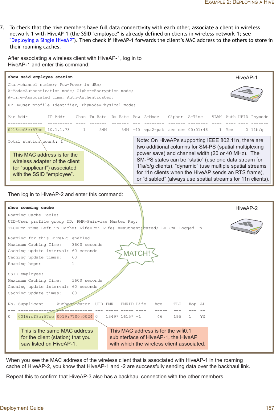 Deployment Guide 157EXAMPLE 2: DEPLOYINGA HIVE7.To check that the hive members have full data connectivity with each other, associate a client in wireless network-1 with HiveAP-1 (the SSID &quot;employee&quot; is already defined on clients in wireless network-1; see &quot;Deploying a Single HiveAP&quot;). Then check if HiveAP-1 forwards the client’s MAC address to the others to store in their roaming caches.Ì¸·- ÓßÝ ¿¼¼®»-- ·- º±® ¬¸» ©·®»´»-- ¿¼¿°¬»® ±º ¬¸» ½´·»²¬ ø±® •-«°°´·½¿²¬Œ÷ ¿--±½·¿¬»¼ ©·¬¸ ¬¸» ÍÍ×Ü •»³°´±§»»ŒòÌ¸·- ÓßÝ ¿¼¼®»-- ·- º±® ¬¸» ©·º·ðòï -«¾·²¬»®º¿½» ±º Ø·ª»ßÐóïô ¬¸» Ø·ª»ßÐ ©·¬¸ ©¸·½¸ ¬¸» ©·®»´»-- ½´·»²¬ ¿--±½·¿¬»¼òÌ¸·- ·- ¬¸» -¿³» ÓßÝ ¿¼¼®»-- º±® ¬¸» ½´·»²¬ ø-¬¿¬·±²÷ ¬¸¿¬ §±« -¿© ´·-¬»¼ ±² Ø·ª»ßÐóïòßº¬»® ¿--±½·¿¬·²¹ ¿ ©·®»´»-- ½´·»²¬ ©·¬¸ Ø·ª»ßÐóïô ´±¹ ·² ¬± Ø·ª»ßÐóï ¿²¼ »²¬»® ¬¸·- ½±³³¿²¼æÉ¸»² §±« -»» ¬¸» ÓßÝ ¿¼¼®»-- ±º ¬¸» ©·®»´»-- ½´·»²¬ ¬¸¿¬ ·- ¿--±½·¿¬»¼ ©·¬¸ Ø·ª»ßÐóï ·² ¬¸» ®±¿³·²¹ ½¿½¸» ±º Ø·ª»ßÐóîô §±« µ²±© ¬¸¿¬ Ø·ª»ßÐóï ¿²¼ óî ¿®» -«½½»--º«´´§ -»²¼·²¹ ¼¿¬¿ ±ª»® ¬¸» ¾¿½µ¸¿«´ ´·²µòÎ»°»¿¬ ¬¸·- ¬± ½±²º·®³ ¬¸¿¬ Ø·ª»ßÐóí ¿´-± ¸¿- ¿ ¾¿½µ¸¿«´ ½±²²»½¬·±² ©·¬¸ ¬¸» ±¬¸»® ³»³¾»®-òÌ¸»² ´±¹ ·² ¬± Ø·ª»ßÐóî ¿²¼ »²¬»® ¬¸·- ½±³³¿²¼æØ·ª»ßÐóïØ·ª»ßÐóî-¸±© ®±¿³·²¹ ½¿½¸»Î±¿³·²¹ Ý¿½¸» Ì¿¾´»æË×ÜãË-»® °®±º·´» ¹®±«° ×Üå ÐÓÕãÐ¿·®©·-» Ó¿-¬»® Õ»§åÌÔÝãÐÓÕ Ì·³» Ô»º¬ ·² Ý¿½¸»å Ô·º»ãÐÓÕ Ô·º»å ßã¿«¬¸»²¬·½¿¬»¼å Ôã ÝÉÐ Ô±¹¹»¼ ×²Î±¿³·²¹ º±® ¬¸·- Ø·ª»ßÐæ »²¿¾´»¼Ó¿¨·³«³ Ý¿½¸·²¹ Ì·³»æ íêðð -»½±²¼-Ý¿½¸·²¹ «°¼¿¬» ·²¬»®ª¿´æ êð -»½±²¼-Ý¿½¸·²¹ «°¼¿¬» ¬·³»-æ êðÎ±¿³·²¹ ¸±°-æ ïÍÍ×Ü »³°´±§»»æÓ¿¨·³«³ Ý¿½¸·²¹ Ì·³»æ íêðð -»½±²¼-Ý¿½¸·²¹ «°¼¿¬» ·²¬»®ª¿´æ êð -»½±²¼-Ý¿½¸·²¹ «°¼¿¬» ¬·³»-æ êðÒ±ò Í«°°´·½¿²¬ ß«¬¸»²¬·½¿¬±® Ë×Ü ÐÓÕ ÐÓÕ×Ü Ô·º» ß¹» ÌÔÝ Ø±° ßÔóóó óóóóóóóóóóóóóó óóóóóóóóóóóóóó óóó óóóóó óóóóó óóóó óóóóó óóó óóó óóð ððïêæ½ºè½æëé¾½ ððïçæééððæððîì ð ïíìçö ïêïëö óï  ìê ïçë ï ÇÒ-¸±© --·¼ »³°´±§»» -¬¿¬·±²Ý¸¿²ã½¸¿²²»´ ²«³¾»®å Ð±©ãÐ±©»® ·² ¼Þ³åßóÓ±¼»ãß«¬¸»²¬·½¿¬·±² ³±¼»å Ý·°¸»®ãÛ²½®§°¬·±² ³±¼»åßóÌ·³»ãß--±½·¿¬»¼ ¬·³»å ß«¬¸ãß«¬¸»²¬·½¿¬»¼åËÐ×ÜãË-»® °®±º·´» ×¼»²¬·º·»®å Ð¸§³±¼»ãÐ¸§-·½¿´ ³±¼»åÓ¿½ ß¼¼® ×Ð ß¼¼® Ý¸¿² Ì¨ Î¿¬» Î¨ Î¿¬» Ð±© ßóÓ±¼» Ý·°¸»® ßóÌ·³» ÊÔßÒ ß«¬¸ ËÐ×Ü Ð¸§³±¼»óóóóóóóóóóóóóó óóóóóóóóóó óóóó óóóóóóó óóóóóóó óóó óóóóóóóó óóóóóóó óóóóóóóó óóóó óóóó óóóó óóóóóóóððïêæ½ºè½æëé¾½ ïðòïòïòéí    ï     ëìÓ     ëìÓ óìð ©°¿îó°-µ ¿»- ½½³ ððæðïæìê    ï Ç»-     ð ïï¾ñ¹Ì±¬¿´ -¬¿¬·±² ½±«²¬æ ïÒ±¬»æ Ñ² Ø·ª»ßÐ- -«°°±®¬·²¹ ×ÛÛÛ èðîòïï²ô ¬¸»®» ¿®» ¬©± ¿¼¼·¬·±²¿´ ½±´«³²- º±® ÍÓóÐÍ ø-°¿¬·¿´ ³«´¬·°´»¨·²¹ °±©»® -¿ª»÷ ¿²¼ ½¸¿²²»´ ©·¼¬¸ øîð ±® ìð ÓØ¦÷ò  Ì¸» ÍÓóÐÍ -¬¿¬»- ½¿² ¾» •-¬¿¬·½Œ ø«-» ±²» ¼¿¬¿ -¬®»¿³ º±® ïï¿ñ¾ñ¹ ½´·»²¬-÷ô •¼§²¿³·½Œ ø«-» ³«´¬·°´» -°¿¬·¿´ -¬®»¿³- º±® ïï² ½´·»²¬- ©¸»² ¬¸» Ø·ª»ßÐ -»²¼- ¿² ÎÌÍ º®¿³»÷ô ±® •¼·-¿¾´»¼Œ ø¿´©¿§- «-» -°¿¬·¿´ -¬®»¿³- º±® ïï² ½´·»²¬-÷ò