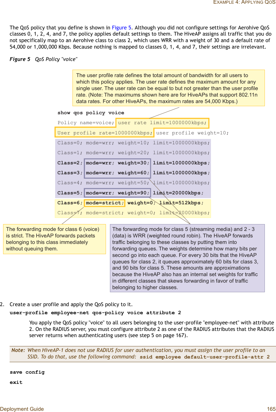 Deployment Guide 165EXAMPLE 4: APPLYING QOSThe QoS policy that you define is shown in Figure5. Although you did not configure settings for Aerohive QoS classes 0, 1, 2, 4, and 7, the policy applies default settings to them. The HiveAP assigns all traffic that you do not specifically map to an Aerohive class to class 2, which uses WRR with a weight of 30 and a default rate of 54,000 or 1,000,000 Kbps. Because nothing is mapped to classes 0, 1, 4, and 7, their settings are irrelevant.Figure 5  QoS Policy &quot;voice&quot;2.Create a user profile and apply the QoS policy to it.user-profile employee-net qos-policy voice attribute 2You apply the QoS policy &quot;voice&quot; to all users belonging to the user-profile &quot;employee-net&quot; with attribute 2. On the RADIUS server, you must configure attribute 2 as one of the RADIUS attributes that the RADIUS server returns when authenticating users (see step5 on page 167).save configexitNote: When HiveAP-1 does not use RADIUS for user authentication, you must assign the user profile to an SSID. To do that, use the following command: ssid employee default-user-profile-attr 2Ì¸» «-»® °®±º·´» ®¿¬» ¼»º·²»- ¬¸» ¬±¬¿´ ¿³±«²¬ ±º ¾¿²¼©·¼¬¸ º±® ¿´´ «-»®- ¬± ©¸·½¸ ¬¸·- °±´·½§ ¿°°´·»-ò Ì¸» «-»® ®¿¬» ¼»º·²»- ¬¸» ³¿¨·³«³ ¿³±«²¬ º±® ¿²§ -·²¹´» «-»®ò Ì¸» «-»® ®¿¬» ½¿² ¾» »¯«¿´ ¬± ¾«¬ ²±¬ ¹®»¿¬»® ¬¸¿² ¬¸» «-»® °®±º·´» ®¿¬»ò øÒ±¬»æ Ì¸» ³¿¨·³«³- -¸±©² ¸»®» ¿®» º±® Ø·ª»ßÐ- ¬¸¿¬ -«°°±®¬ èðîòïï² ¼¿¬¿ ®¿¬»-ò Ú±® ±¬¸»® Ø·ª»ßÐ-ô ¬¸» ³¿¨·³«³ ®¿¬»- ¿®» ëìôððð Õ¾°-ò÷-¸±© ¯±- °±´·½§ ª±·½»Ð±´·½§ ²¿³»ãª±·½»å «-»® ®¿¬» ´·³·¬ãïððððððµ¾°-åË-»® °®±º·´» ®¿¬»ãïððððððµ¾°-å «-»® °®±º·´» ©»·¹¸¬ãïðåÝ´¿--ãðå ³±¼»ã©®®å ©»·¹¸¬ãïðå ´·³·¬ãïððððððµ¾°-åÝ´¿--ãïå ³±¼»ã©®®å ©»·¹¸¬ãîðå ´·³·¬ãïððððððµ¾°-åÝ´¿--ãîå ³±¼»ã©®®å ©»·¹¸¬ãíðå ´·³·¬ãïððððððµ¾°-åÝ´¿--ãíå ³±¼»ã©®®å ©»·¹¸¬ãêðå ´·³·¬ãïððððððµ¾°-åÝ´¿--ãìå ³±¼»ã©®®å ©»·¹¸¬ãëðå ´·³·¬ãïððððððµ¾°-åÝ´¿--ãëå ³±¼»ã©®®å ©»·¹¸¬ãçðå ´·³·¬ãîððððµ¾°-åÝ´¿--ãêå ³±¼»ã-¬®·½¬å ©»·¹¸¬ãðå ´·³·¬ãëïîµ¾°-åÝ´¿--ãéå ³±¼»ã-¬®·½¬å ©»·¹¸¬ãðå ´·³·¬ãîððððµ¾°-åÌ¸» º±®©¿®¼·²¹ ³±¼» º±® ½´¿-- ê øª±·½»÷ ·- -¬®·½¬ò Ì¸» Ø·ª»ßÐ º±®©¿®¼- °¿½µ»¬- ¾»´±²¹·²¹ ¬± ¬¸·- ½´¿-- ·³³»¼·¿¬»´§ ©·¬¸±«¬ ¯«»«·²¹ ¬¸»³òÌ¸» º±®©¿®¼·²¹ ³±¼» º±® ½´¿-- ë ø-¬®»¿³·²¹ ³»¼·¿÷ ¿²¼ î ó í ø¼¿¬¿÷ ·- ÉÎÎ ø©»·¹¸¬»¼ ®±«²¼ ®±¾·²÷ò Ì¸» Ø·ª»ßÐ º±®©¿®¼- ¬®¿ºº·½ ¾»´±²¹·²¹ ¬± ¬¸»-» ½´¿--»- ¾§ °«¬¬·²¹ ¬¸»³ ·²¬± º±®©¿®¼·²¹ ¯«»«»-ò Ì¸» ©»·¹¸¬- ¼»¬»®³·²» ¸±© ³¿²§ ¾·¬- °»® -»½±²¼ ¹± ·²¬± »¿½¸ ¯«»«»ò Ú±® »ª»®§ íð ¾·¬- ¬¸¿¬ ¬¸» Ø·ª»ßÐ ¯«»«»- º±® ½´¿-- îô ·¬ ¯«»«»- ¿°°®±¨·³¿¬»´§ êð ¾·¬- º±® ½´¿-- íô ¿²¼ çð ¾·¬- º±® ½´¿-- ëò Ì¸»-» ¿³±«²¬- ¿®» ¿°°®±¨·³¿¬·±²- ¾»½¿«-» ¬¸» Ø·ª»ßÐ ¿´-± ¸¿- ¿² ·²¬»®²¿´ -»¬ ©»·¹¸¬- º±® ¬®¿ºº·½ ·² ¼·ºº»®»²¬ ½´¿--»- ¬¸¿¬ -µ»©- º±®©¿®¼·²¹ ·² º¿ª±® ±º ¬®¿ºº·½ ¾»´±²¹·²¹ ¬± ¸·¹¸»® ½´¿--»-ò