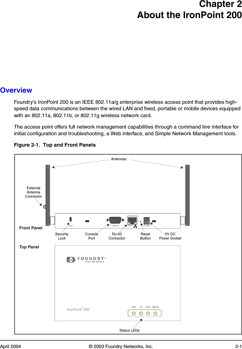 April 2004 © 2003 Foundry Networks, Inc. 2-1Chapter 2About the IronPoint 200OverviewFoundry’s IronPoint 200 is an IEEE 802.11a/g enterprise wireless access point that provides high-speed data communications between the wired LAN and fixed, portable or mobile devices equipped with an 802.11a, 802.11b, or 802.11g wireless network card.The access point offers full network management capabilities through a command line interface for initial configuration and troubleshooting, a Web interface, and Simple Network Management tools.Figure 2-1.  Top and Front PanelsFront PanelTop PanelAntennasStatus LEDs5V DCPower SocketRJ-45ConnectorConsolePortResetButtonSecurityLockExternalAntennaConnector