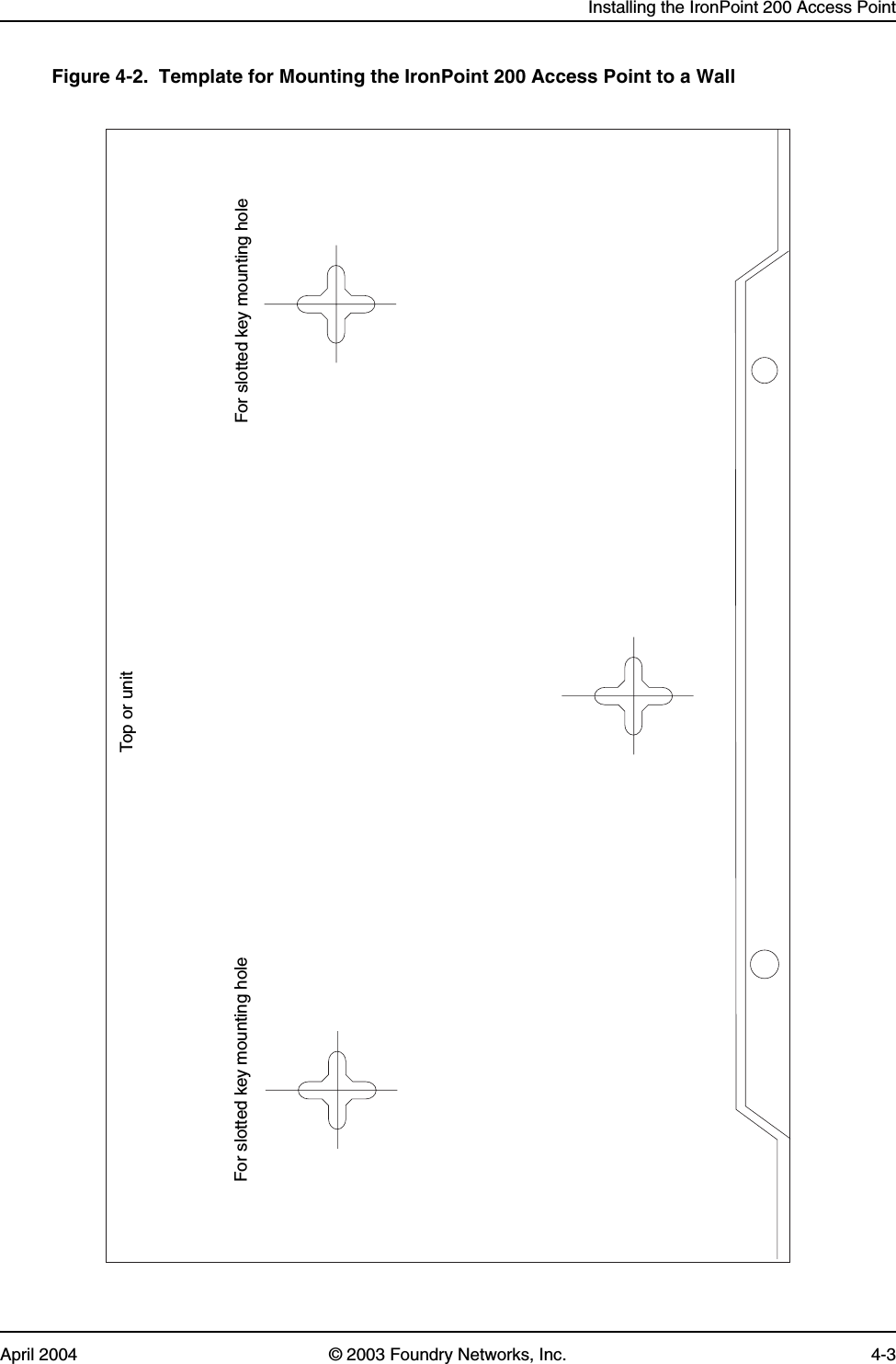 Installing the IronPoint 200 Access PointApril 2004 © 2003 Foundry Networks, Inc. 4-3Figure 4-2.  Template for Mounting the IronPoint 200 Access Point to a WallFor slotted key mounting hole For slotted key mounting holeTop or unit