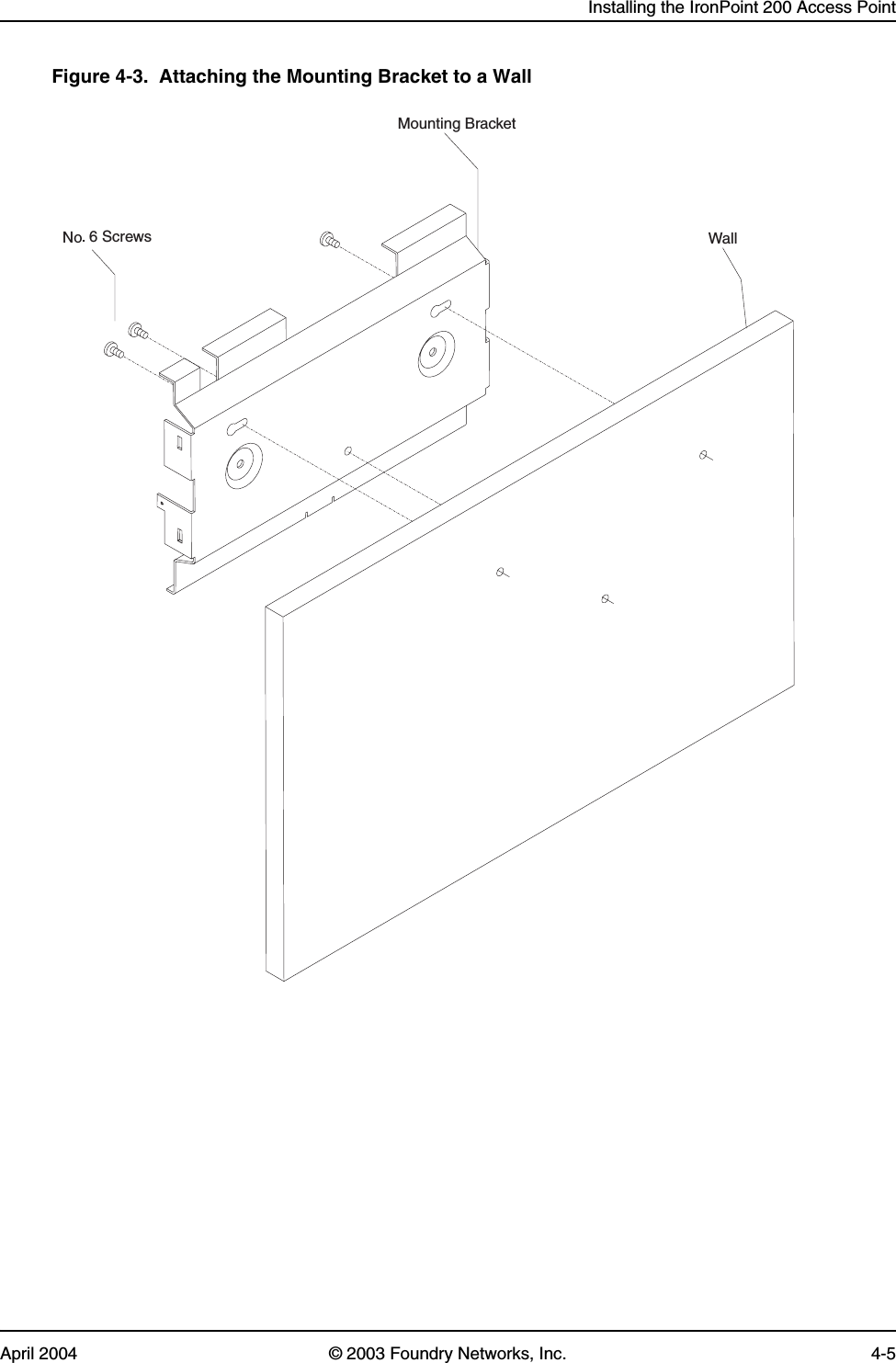 Installing the IronPoint 200 Access PointApril 2004 © 2003 Foundry Networks, Inc. 4-5Figure 4-3.  Attaching the Mounting Bracket to a WallMounting BracketWallNo. 6 Screws