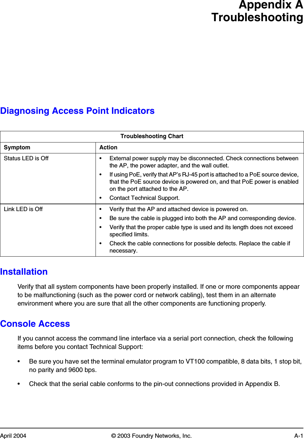 April 2004 © 2003 Foundry Networks, Inc. A-1Appendix ATroubleshootingDiagnosing Access Point Indicators InstallationVerify that all system components have been properly installed. If one or more components appear to be malfunctioning (such as the power cord or network cabling), test them in an alternate environment where you are sure that all the other components are functioning properly.Console AccessIf you cannot access the command line interface via a serial port connection, check the following items before you contact Technical Support:• Be sure you have set the terminal emulator program to VT100 compatible, 8 data bits, 1 stop bit, no parity and 9600 bps.• Check that the serial cable conforms to the pin-out connections provided in Appendix B.Troubleshooting ChartSymptom ActionStatus LED is Off • External power supply may be disconnected. Check connections between the AP, the power adapter, and the wall outlet.• If using PoE, verify that AP’s RJ-45 port is attached to a PoE source device, that the PoE source device is powered on, and that PoE power is enabled on the port attached to the AP.• Contact Technical Support.Link LED is Off • Verify that the AP and attached device is powered on.• Be sure the cable is plugged into both the AP and corresponding device.• Verify that the proper cable type is used and its length does not exceed specified limits.• Check the cable connections for possible defects. Replace the cable if necessary.