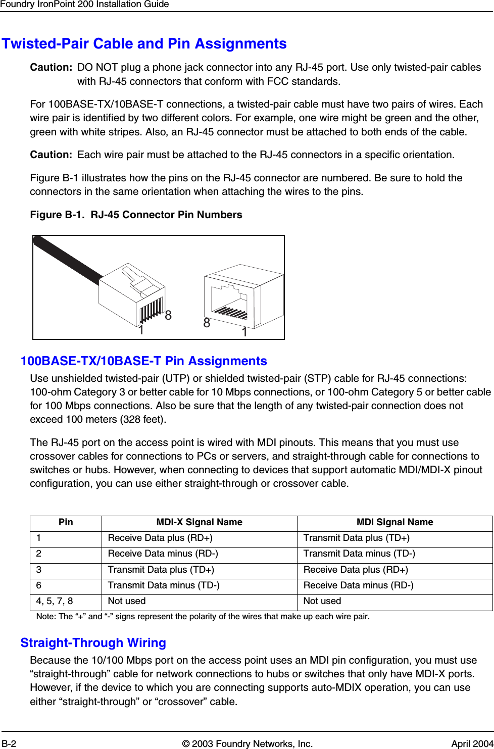 Foundry IronPoint 200 Installation GuideB-2 © 2003 Foundry Networks, Inc. April 2004Twisted-Pair Cable and Pin AssignmentsCaution: DO NOT plug a phone jack connector into any RJ-45 port. Use only twisted-pair cables with RJ-45 connectors that conform with FCC standards.For 100BASE-TX/10BASE-T connections, a twisted-pair cable must have two pairs of wires. Each wire pair is identified by two different colors. For example, one wire might be green and the other, green with white stripes. Also, an RJ-45 connector must be attached to both ends of the cable.Caution: Each wire pair must be attached to the RJ-45 connectors in a specific orientation.Figure B-1 illustrates how the pins on the RJ-45 connector are numbered. Be sure to hold the connectors in the same orientation when attaching the wires to the pins.Figure B-1.  RJ-45 Connector Pin Numbers100BASE-TX/10BASE-T Pin AssignmentsUse unshielded twisted-pair (UTP) or shielded twisted-pair (STP) cable for RJ-45 connections: 100-ohm Category 3 or better cable for 10 Mbps connections, or 100-ohm Category 5 or better cable for 100 Mbps connections. Also be sure that the length of any twisted-pair connection does not exceed 100 meters (328 feet).The RJ-45 port on the access point is wired with MDI pinouts. This means that you must use crossover cables for connections to PCs or servers, and straight-through cable for connections to switches or hubs. However, when connecting to devices that support automatic MDI/MDI-X pinout configuration, you can use either straight-through or crossover cable.Straight-Through WiringBecause the 10/100 Mbps port on the access point uses an MDI pin configuration, you must use “straight-through” cable for network connections to hubs or switches that only have MDI-X ports. However, if the device to which you are connecting supports auto-MDIX operation, you can use either “straight-through” or “crossover” cable.Pin MDI-X Signal Name MDI Signal Name1 Receive Data plus (RD+) Transmit Data plus (TD+)2 Receive Data minus (RD-) Transmit Data minus (TD-)3 Transmit Data plus (TD+) Receive Data plus (RD+)6 Transmit Data minus (TD-) Receive Data minus (RD-)4, 5, 7, 8 Not used Not usedNote: The “+” and “-” signs represent the polarity of the wires that make up each wire pair.1881