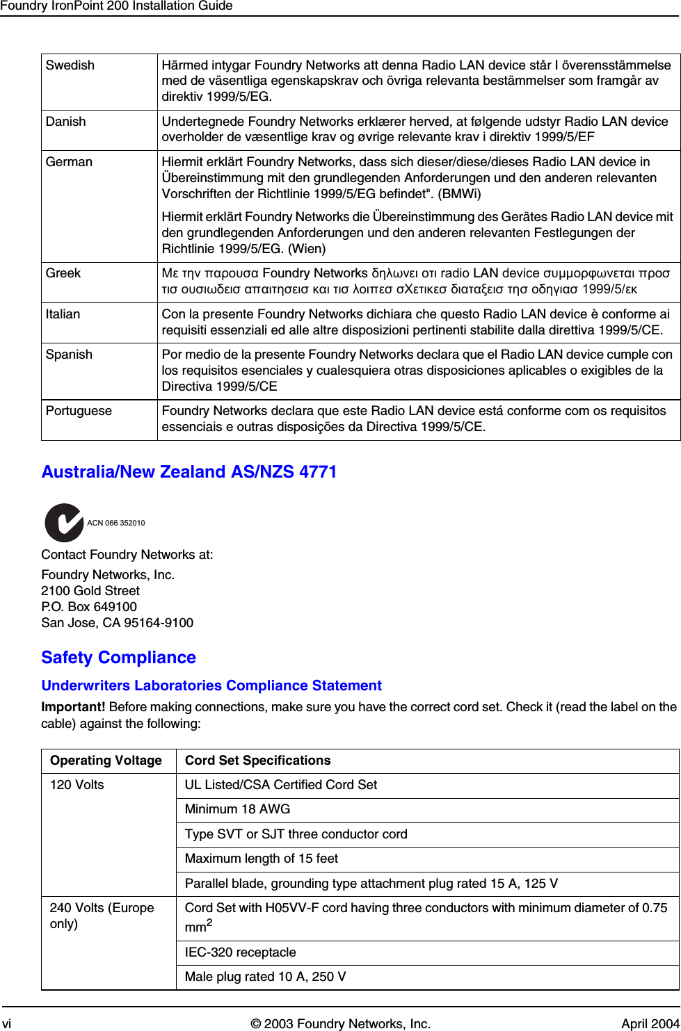 Foundry IronPoint 200 Installation Guidevi © 2003 Foundry Networks, Inc. April 2004Australia/New Zealand AS/NZS 4771Contact Foundry Networks at:Foundry Networks, Inc.2100 Gold StreetP.O. Box 649100San Jose, CA 95164-9100Safety ComplianceUnderwriters Laboratories Compliance StatementImportant! Before making connections, make sure you have the correct cord set. Check it (read the label on the cable) against the following: Swedish Härmed intygar Foundry Networks att denna Radio LAN device står I överensstämmelse med de väsentliga egenskapskrav och övriga relevanta bestämmelser som framgår av direktiv 1999/5/EG.Danish Undertegnede Foundry Networks erklærer herved, at følgende udstyr Radio LAN device overholder de væsentlige krav og øvrige relevante krav i direktiv 1999/5/EFGerman Hiermit erklärt Foundry Networks, dass sich dieser/diese/dieses Radio LAN device in Übereinstimmung mit den grundlegenden Anforderungen und den anderen relevanten Vorschriften der Richtlinie 1999/5/EG befindet&quot;. (BMWi)Hiermit erklärt Foundry Networks die Übereinstimmung des Gerätes Radio LAN device mit den grundlegenden Anforderungen und den anderen relevanten Festlegungen der Richtlinie 1999/5/EG. (Wien)Greek Με την παρουσα Foundry Networks δηλωνει οτι radio LAN device συµµορφωνεται προσ τισ ουσιωδεισ απαιτησεισ και τισ λοιπεσ σΧετικεσ διαταξεισ τησ οδηγιασ 1999/5/εκItalian Con la presente Foundry Networks dichiara che questo Radio LAN device è conforme ai requisiti essenziali ed alle altre disposizioni pertinenti stabilite dalla direttiva 1999/5/CE.Spanish Por medio de la presente Foundry Networks declara que el Radio LAN device cumple con los requisitos esenciales y cualesquiera otras disposiciones aplicables o exigibles de la Directiva 1999/5/CEPortuguese Foundry Networks declara que este Radio LAN device está conforme com os requisitos essenciais e outras disposições da Directiva 1999/5/CE.Operating Voltage Cord Set Specifications120 Volts UL Listed/CSA Certified Cord SetMinimum 18 AWGType SVT or SJT three conductor cordMaximum length of 15 feetParallel blade, grounding type attachment plug rated 15 A, 125 V240 Volts (Europe only)Cord Set with H05VV-F cord having three conductors with minimum diameter of 0.75 mm2IEC-320 receptacleMale plug rated 10 A, 250 VACN 066 352010