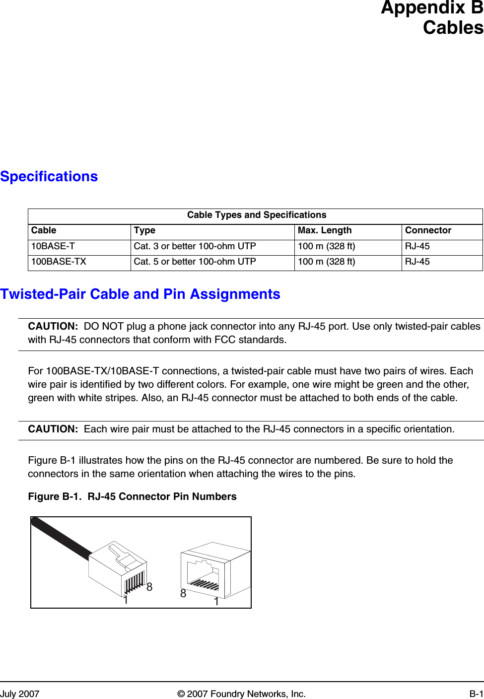 July 2007 © 2007 Foundry Networks, Inc. B-1Appendix BCablesSpecifications  Twisted-Pair Cable and Pin AssignmentsCAUTION: DO NOT plug a phone jack connector into any RJ-45 port. Use only twisted-pair cables with RJ-45 connectors that conform with FCC standards.For 100BASE-TX/10BASE-T connections, a twisted-pair cable must have two pairs of wires. Each wire pair is identified by two different colors. For example, one wire might be green and the other, green with white stripes. Also, an RJ-45 connector must be attached to both ends of the cable.CAUTION: Each wire pair must be attached to the RJ-45 connectors in a specific orientation.Figure B-1 illustrates how the pins on the RJ-45 connector are numbered. Be sure to hold the connectors in the same orientation when attaching the wires to the pins.Figure B-1.  RJ-45 Connector Pin NumbersCable Types and SpecificationsCable Type Max. Length Connector10BASE-T Cat. 3 or better 100-ohm UTP 100 m (328 ft) RJ-45100BASE-TX Cat. 5 or better 100-ohm UTP 100 m (328 ft) RJ-451881