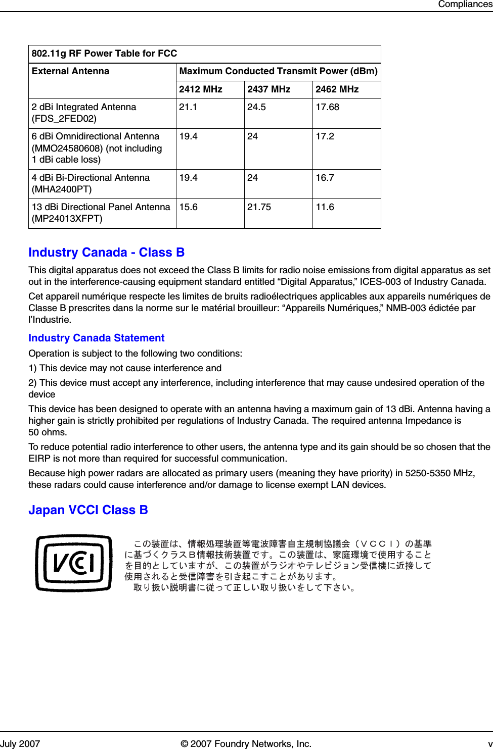 CompliancesJuly 2007 © 2007 Foundry Networks, Inc. vIndustry Canada - Class BThis digital apparatus does not exceed the Class B limits for radio noise emissions from digital apparatus as set out in the interference-causing equipment standard entitled “Digital Apparatus,” ICES-003 of Industry Canada. Cet appareil numérique respecte les limites de bruits radioélectriques applicables aux appareils numériques de Classe B prescrites dans la norme sur le matérial brouilleur: “Appareils Numériques,” NMB-003 édictée par l’Industrie.Industry Canada StatementOperation is subject to the following two conditions:1) This device may not cause interference and2) This device must accept any interference, including interference that may cause undesired operation of the deviceThis device has been designed to operate with an antenna having a maximum gain of 13 dBi. Antenna having a higher gain is strictly prohibited per regulations of Industry Canada. The required antenna Impedance is 50 ohms.To reduce potential radio interference to other users, the antenna type and its gain should be so chosen that the EIRP is not more than required for successful communication.Because high power radars are allocated as primary users (meaning they have priority) in 5250-5350 MHz, these radars could cause interference and/or damage to license exempt LAN devices.Japan VCCI Class B802.11g RF Power Table for FCCExternal Antenna Maximum Conducted Transmit Power (dBm)2412 MHz 2437 MHz 2462 MHz2 dBi Integrated Antenna(FDS_2FED02)21.1 24.5 17.686 dBi Omnidirectional Antenna(MMO24580608) (not including 1 dBi cable loss)19.4 24 17.24 dBi Bi-Directional Antenna(MHA2400PT)19.4 24 16.713 dBi Directional Panel Antenna(MP24013XFPT)15.6 21.75 11.6