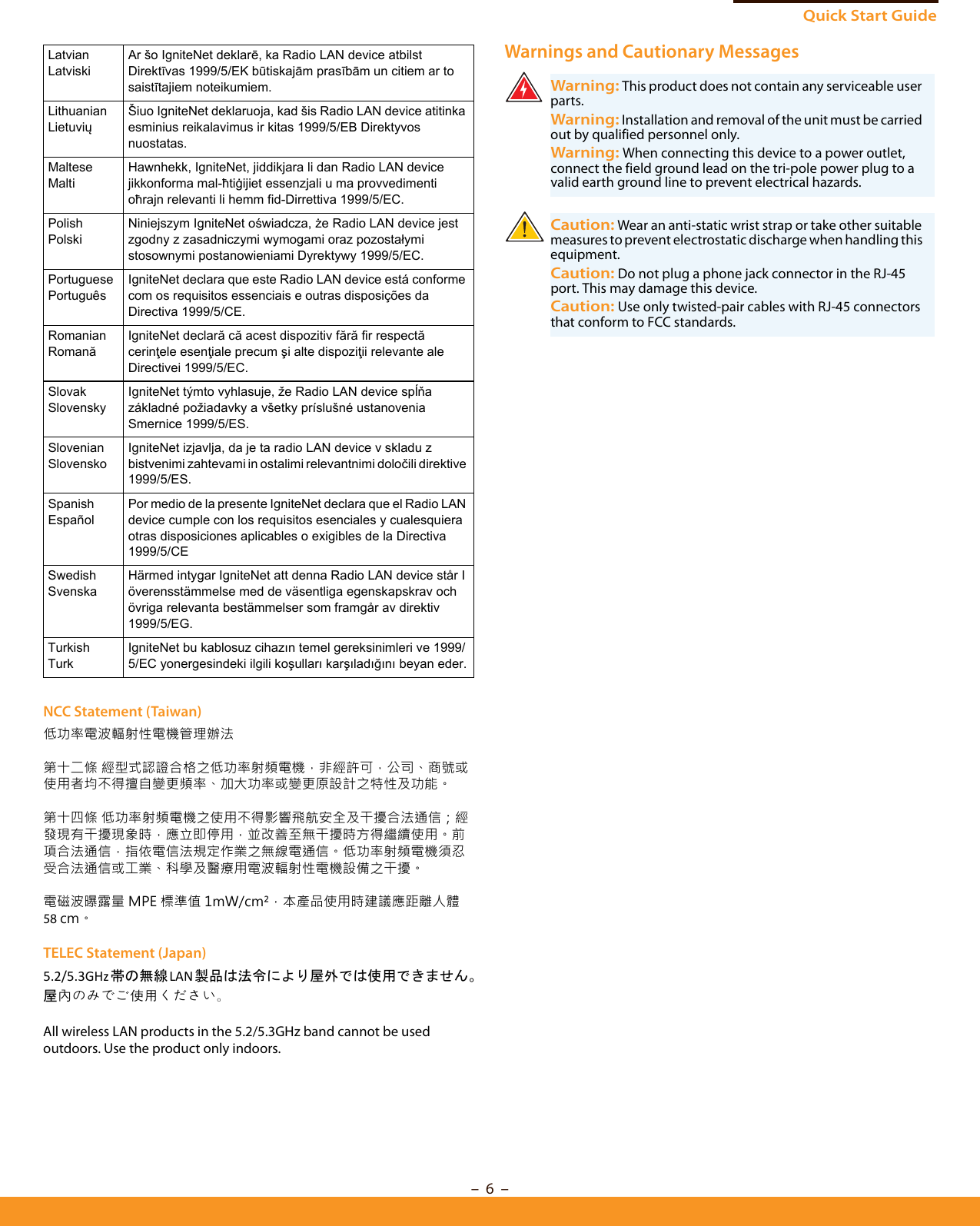 Quick Start Guide–  6  –NCC Statement (Taiwan)低功率電波輻射性電機管理辦法第十二條 經型式認證合格之低功率射頻電機，非經許可，公司、商號或使用者均不得擅自變更頻率、加大功率或變更原設計之特性及功能。第十四條 低功率射頻電機之使用不得影響飛航安全及干擾合法通信；經發現有干擾現象時，應立即停用，並改善至無干擾時方得繼續使用。前項合法通信，指依電信法規定作業之無線電通信。低功率射頻電機須忍受合法通信或工業、科學及醫療用電波輻射性電機設備之干擾。電磁波曝露量 MPE 標準值 1mW/cm²，本產品使用時建議應距離人體58 cm。TELEC Statement (Japan)5.2/5.3GHz帯の無線LAN 製品は法令により屋外では使用できません。屋內のみでご使用ください。All wireless LAN products in the 5.2/5.3GHz band cannot be used outdoors. Use the product only indoors.Warnings and Cautionary MessagesLatvianLatviskiAr šo IgniteNet deklarē, ka Radio LAN device atbilst Direktīvas 1999/5/EK būtiskajām prasībām un citiem ar to saistītajiem noteikumiem.LithuanianLietuviųŠiuo IgniteNet deklaruoja, kad šis Radio LAN device atitinka esminius reikalavimus ir kitas 1999/5/EB Direktyvos nuostatas.MalteseMaltiHawnhekk, IgniteNet, jiddikjara li dan Radio LAN device jikkonforma mal-ħtiġijiet essenzjali u ma provvedimenti oħrajn relevanti li hemm fid-Dirrettiva 1999/5/EC.PolishPolskiNiniejszym IgniteNet oświadcza, że Radio LAN device jest zgodny z zasadniczymi wymogami oraz pozostałymi stosownymi postanowieniami Dyrektywy 1999/5/EC.PortuguesePortuguêsIgniteNet declara que este Radio LAN device está conforme com os requisitos essenciais e outras disposições da Directiva 1999/5/CE.RomanianRomanăIgniteNet declară că acest dispozitiv fără fir respectă cerinţele esenţiale precum şi alte dispoziţii relevante ale Directivei 1999/5/EC.SlovakSlovenskyIgniteNet týmto vyhlasuje, že Radio LAN device spĺňa základné požiadavky a všetky príslušné ustanovenia Smernice 1999/5/ES.SlovenianSlovenskoIgniteNet izjavlja, da je ta radio LAN device v skladu z bistvenimi zahtevami in ostalimi relevantnimi določili direktive 1999/5/ES.SpanishEspañolPor medio de la presente IgniteNet declara que el Radio LAN device cumple con los requisitos esenciales y cualesquiera otras disposiciones aplicables o exigibles de la Directiva 1999/5/CESwedishSvenskaHärmed intygar IgniteNet att denna Radio LAN device står I överensstämmelse med de väsentliga egenskapskrav och övriga relevanta bestämmelser som framgår av direktiv 1999/5/EG.TurkishTurkIgniteNet bu kablosuz cihazın temel gereksinimleri ve 1999/5/EC yonergesindeki ilgili koşulları karşıladığını beyan eder.Warning: This product does not contain any serviceable user parts.Warning: Installation and removal of the unit must be carried out by qualified personnel only.Warning: When connecting this device to a power outlet, connect the field ground lead on the tri-pole power plug to a valid earth ground line to prevent electrical hazards.Caution: Wear an anti-static wrist strap or take other suitable measures to prevent electrostatic discharge when handling this equipment.Caution: Do not plug a phone jack connector in the RJ-45 port. This may damage this device. Caution: Use only twisted-pair cables with RJ-45 connectors that conform to FCC standards. 
