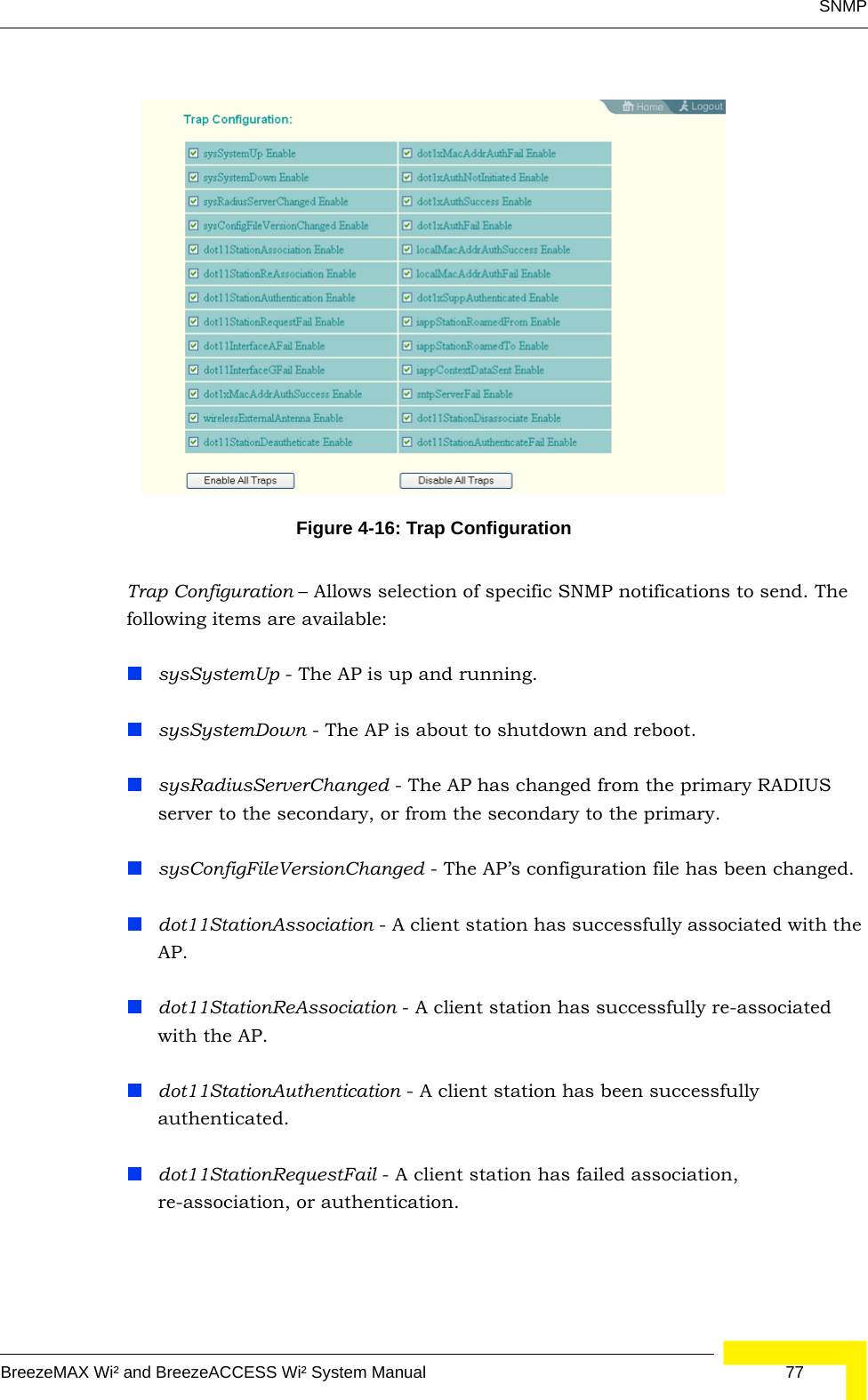 SNMPBreezeMAX Wi² and BreezeACCESS Wi² System Manual  77Trap Configuration – Allows selection of specific SNMP notifications to send. The following items are available:sysSystemUp - The AP is up and running.sysSystemDown - The AP is about to shutdown and reboot.sysRadiusServerChanged - The AP has changed from the primary RADIUS server to the secondary, or from the secondary to the primary.sysConfigFileVersionChanged - The AP’s configuration file has been changed.dot11StationAssociation - A client station has successfully associated with the AP.dot11StationReAssociation - A client station has successfully re-associated with the AP.dot11StationAuthentication - A client station has been successfully authenticated.dot11StationRequestFail - A client station has failed association, re-association, or authentication.Figure 4-16: Trap Configuration