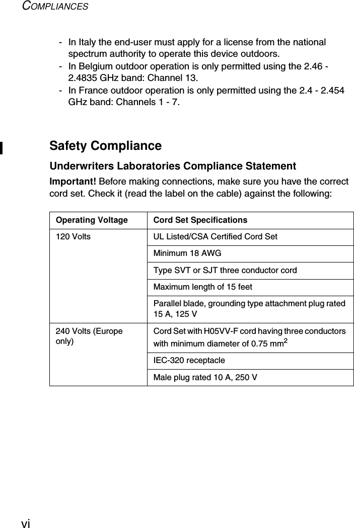 COMPLIANCESvi- In Italy the end-user must apply for a license from the national spectrum authority to operate this device outdoors. - In Belgium outdoor operation is only permitted using the 2.46 - 2.4835 GHz band: Channel 13.- In France outdoor operation is only permitted using the 2.4 - 2.454 GHz band: Channels 1 - 7.Safety ComplianceUnderwriters Laboratories Compliance StatementImportant! Before making connections, make sure you have the correct cord set. Check it (read the label on the cable) against the following: Operating Voltage Cord Set Specifications120 Volts UL Listed/CSA Certified Cord SetMinimum 18 AWGType SVT or SJT three conductor cordMaximum length of 15 feetParallel blade, grounding type attachment plug rated 15 A, 125 V240 Volts (Europe only)Cord Set with H05VV-F cord having three conductors with minimum diameter of 0.75 mm2IEC-320 receptacleMale plug rated 10 A, 250 V