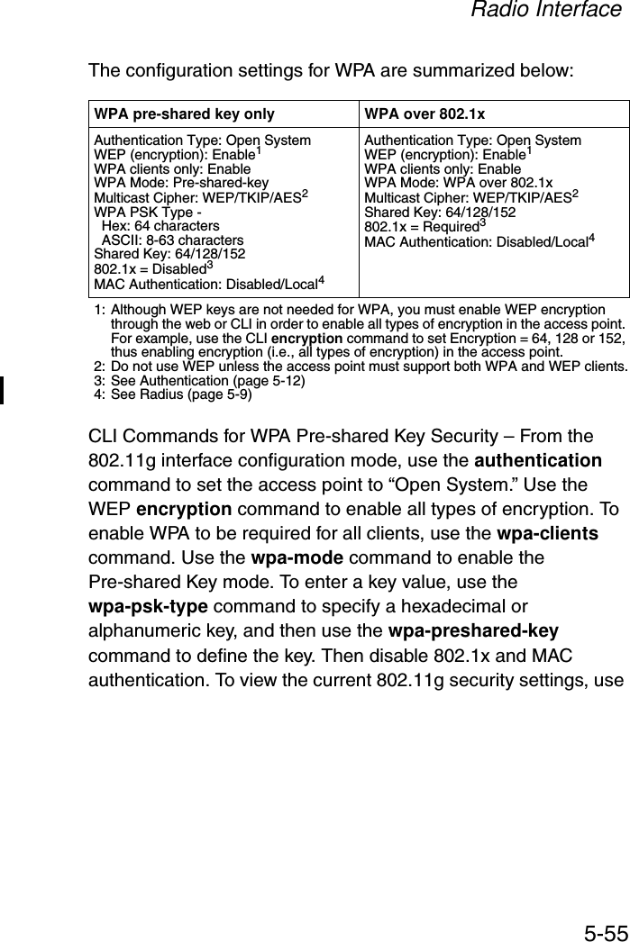 Radio Interface5-55The configuration settings for WPA are summarized below:CLI Commands for WPA Pre-shared Key Security – From the 802.11g interface configuration mode, use the authentication command to set the access point to “Open System.” Use the WEP encryption command to enable all types of encryption. To enable WPA to be required for all clients, use the wpa-clients command. Use the wpa-mode command to enable the Pre-shared Key mode. To enter a key value, use the wpa-psk-type command to specify a hexadecimal or alphanumeric key, and then use the wpa-preshared-key command to define the key. Then disable 802.1x and MAC authentication. To view the current 802.11g security settings, use WPA pre-shared key only WPA over 802.1xAuthentication Type: Open SystemWEP (encryption): Enable1WPA clients only: EnableWPA Mode: Pre-shared-keyMulticast Cipher: WEP/TKIP/AES2WPA PSK Type -   Hex: 64 characters  ASCII: 8-63 charactersShared Key: 64/128/152802.1x = Disabled3MAC Authentication: Disabled/Local4Authentication Type: Open SystemWEP (encryption): Enable1WPA clients only: EnableWPA Mode: WPA over 802.1xMulticast Cipher: WEP/TKIP/AES2Shared Key: 64/128/152802.1x = Required3MAC Authentication: Disabled/Local41: Although WEP keys are not needed for WPA, you must enable WEP encryption through the web or CLI in order to enable all types of encryption in the access point. For example, use the CLI encryption command to set Encryption = 64, 128 or 152, thus enabling encryption (i.e., all types of encryption) in the access point.2: Do not use WEP unless the access point must support both WPA and WEP clients.3: See Authentication (page 5-12)4: See Radius (page 5-9)