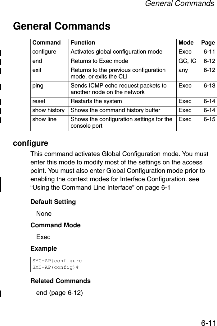 General Commands6-11General CommandsconfigureThis command activates Global Configuration mode. You must enter this mode to modify most of the settings on the access point. You must also enter Global Configuration mode prior to enabling the context modes for Interface Configuration. see “Using the Command Line Interface” on page 6-1Default Setting NoneCommand Mode ExecExample Related Commands end (page 6-12)Command Function Mode Pageconfigure  Activates global configuration mode  Exec 6-11end  Returns to Exec mode  GC, IC 6-12exit  Returns to the previous configuration mode, or exits the CLI  any 6-12ping  Sends ICMP echo request packets to another node on the network  Exec 6-13reset  Restarts the system  Exec 6-14show history  Shows the command history buffer  Exec  6-14show line Shows the configuration settings for the console port Exec 6-15SMC-AP#configureSMC-AP(config)#